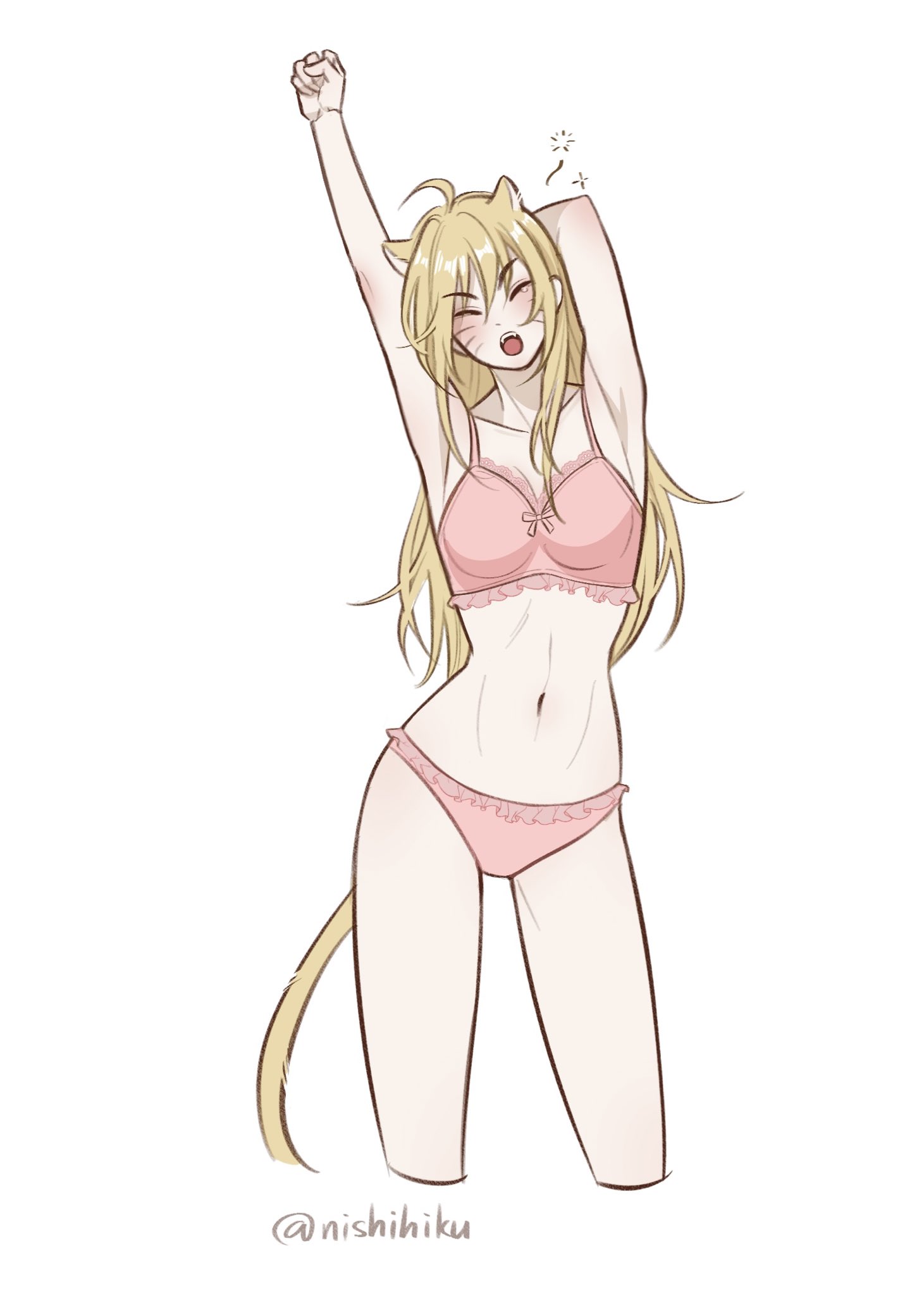 1girls, bare thighs, blonde hair, blush, bra, canon genderswap, cat ears, cat girl, cat tail, catgirl, closed eyes, cute, facial markings, female, female focus, female only, gender transformation, genderswap, genderswap (mtf), hi res, high resolution, highres, hourglass figure, light skin, light-skinned female, lingerie, long hair, messy hair, naruko, naruto, naruto (classic), naruto (series), naruto shippuden, naruto uzumaki, neko, nishihiku, open mouth, pale skin, pale-skinned female, panties, petite, petite body, petite breasts, petite female, petplay, pink bra, pink lingerie, pink panties, pink underwear, pinup, rule 63, sexy no jutsu, shonen jump, shounen jump, shueisha, small breasts, solo, solo female, solo focus, stretching, teardrop, teen girl, teenage female, teenage girl, teenager, thighs, toned, toned body, toned female, underwear, uzumaki naruto, very high resolution, weekly shonen jump, weekly shounen jump, whisker markings, whiskers, white background, wide hips, yawn, yawning, yellow hair