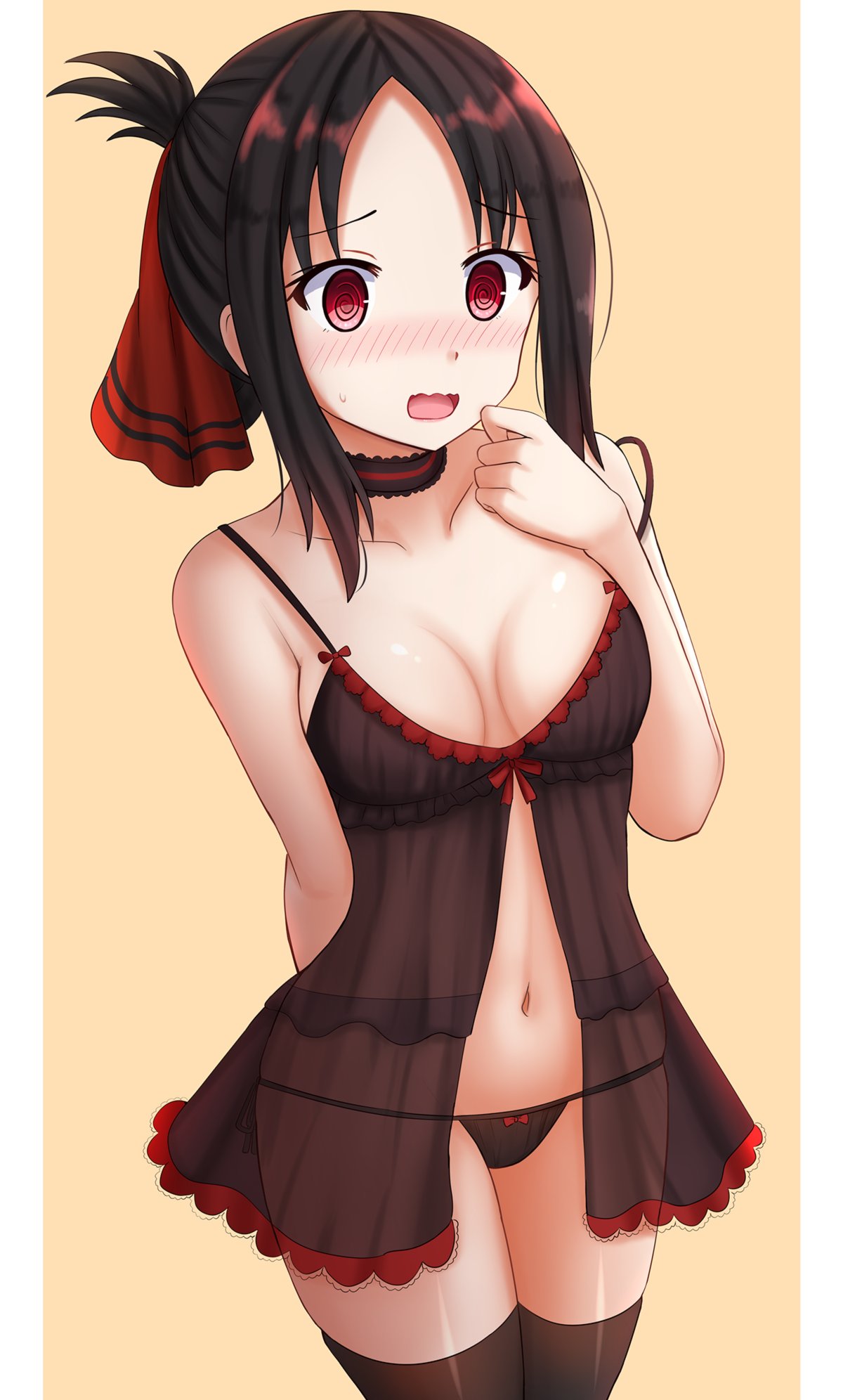 1girls, 2d, 2d (artwork), 2d artwork, arm behind back, average breasts, belly, belly button, black camisole, black hair, black legwear, black panties, black stockings, black thigh highs, black thighhighs, black thong, black underwear, black-haired female, blush, blush face, blushing at viewer, blushing female, blushing lines, breasts, camisole, cleavage, collarbone, curvaceous, curvaceous body, curvaceous female, curvaceous figure, curvaceous hips, curvaceous teen, curvaceous thighs, curvy, curvy body, curvy female, curvy figure, curvy hips, curvy teen, curvy thighs, digital, digital art, digital drawing, digital drawing (artwork), digital media, digital media (artwork), elbows, embarrassed expression, embarrassed female, female, female focus, female only, fingers, flustered, flustered female, groin, hair ribbon, hair tie, hand behind back, high resolution, high school studentembarrassed, highres, hourglass figure, kaguya-sama wa kokurasetai ~tensai-tachi no renai zunousen~, kazenokaze, lean figure, legs closed, legs together, legwear, long hair, looking at viewer, medium breasts, midriff, narrow waist, navel, open mouth, orange background, panties, parted bangs, parted lips, petite, petite body, petite breasts, petite female, petite girl, petite tits, red eyes, red hair ribbon, red hair tie, red ribbon, red-eyed female, ribbon, school girl, shinomiya kaguya, shoulders, sidelocks, simple background, slender body, slender waist, slim waist, solo, standing, stockings, teen girl, teenage girl, teenager, thick thighs, thigh highs, thighhighs, thighs, thighs together, thong, tongue, underwear, underwear only, upper body, wide hips, young female, young woman