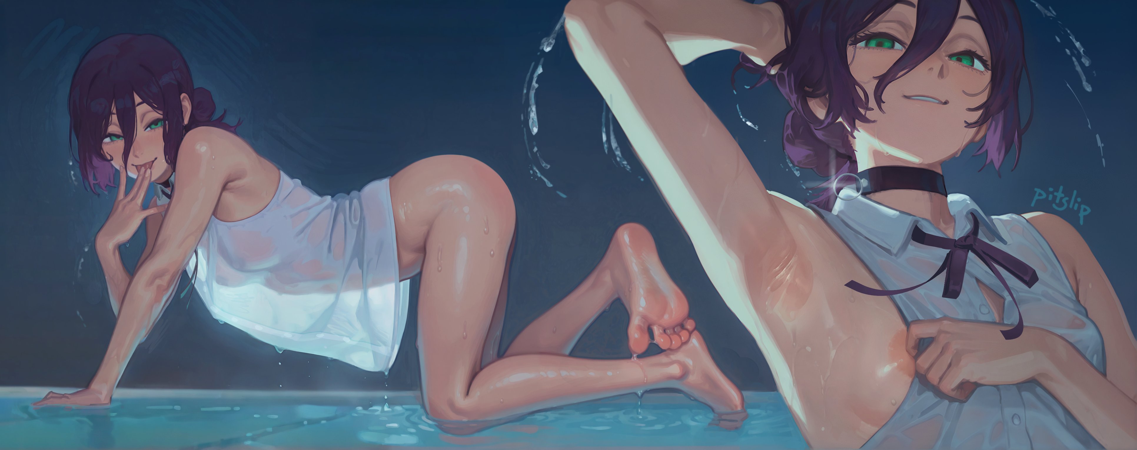 2d, 2d (artwork), 2d artwork, ai assisted, alternate version available, armpit, armpit fetish, armpits, bottomless, chainsaw man, female, nipples, pitslip, poorly tagged, purple hair, reze (chainsaw man), see-through, see-through clothes, see-through clothing, see-through shirt, solo, wet, wet body, wet clothes, wet clothing, wet skin