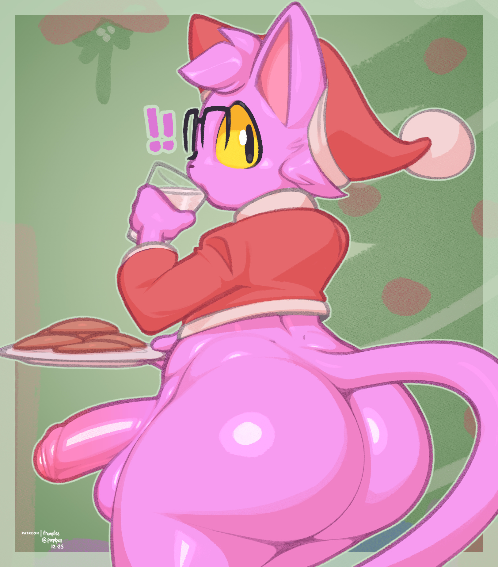 2025, 4 fingers, anthro, artist name, ass, balls, belly, big balls, big butt, big penis, biped, black eyes, black nose, blush, border, bottom heavy, bottomless, bottomless anthro, bottomless male, caught off guard, christmas, christmas clothing, christmas headwear, christmas tree, closed smile, clothed, clothing, colored, container, cookie, curvy figure, dated, digital drawing (artwork), digital media (artwork), domestic cat, drinking, drinking milk, english text, erection, exclamation point, eyewear, felid, feline, felis, femboy, fingers, food, foreskin, frumples, frumples (character), fur, genitals, glans, glass, glass container, glass of milk, glasses, glistening, glistening balls, glistening body, glistening butt, glistening eyes, glistening genitalia, glistening hair, glistening perineum, glistening skin, glistening thighs, green background, green border, hair, hat, headgear, headwear, hi res, holding glass, holding object, holding plate, holidays, huge butt, huge thighs, humanoid genitalia, humanoid penis, long tail, looking back, male, mammal, milk, milk container, mistletoe, mostly nude, mouth closed, multicolored penis, partially clothed, partially retracted foreskin, pear-shaped figure, penis, perineum, pink balls, pink body, pink ears, pink foreskin, pink fur, pink glans, pink hair, pink inner ear, pink tail, plant, presenting, presenting hindquarters, rear view, rectangular glasses, red clothing, red topwear, santa hat, shaded, side view, signature, simple background, smile, solo, standing, tail, text, thick thighs, three-quarter view, topwear, tree, two tone penis, wide eyed, wide hips, yellow sclera