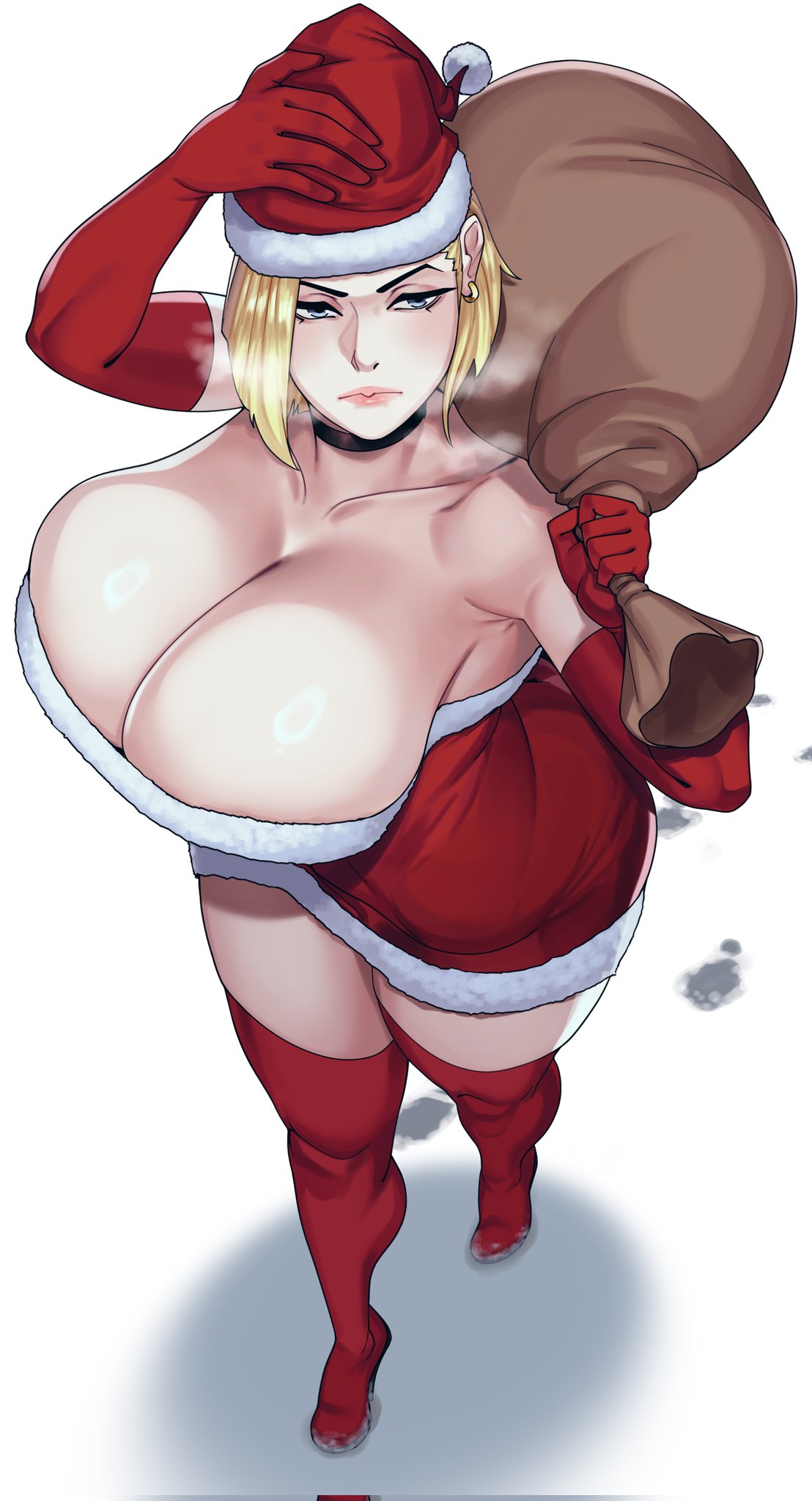 1girls, android 18, big breasts, christmas, dragon ball, dragon ball super, dragon ball z, huge breasts, looking at viewer, santa hat, strongmoist