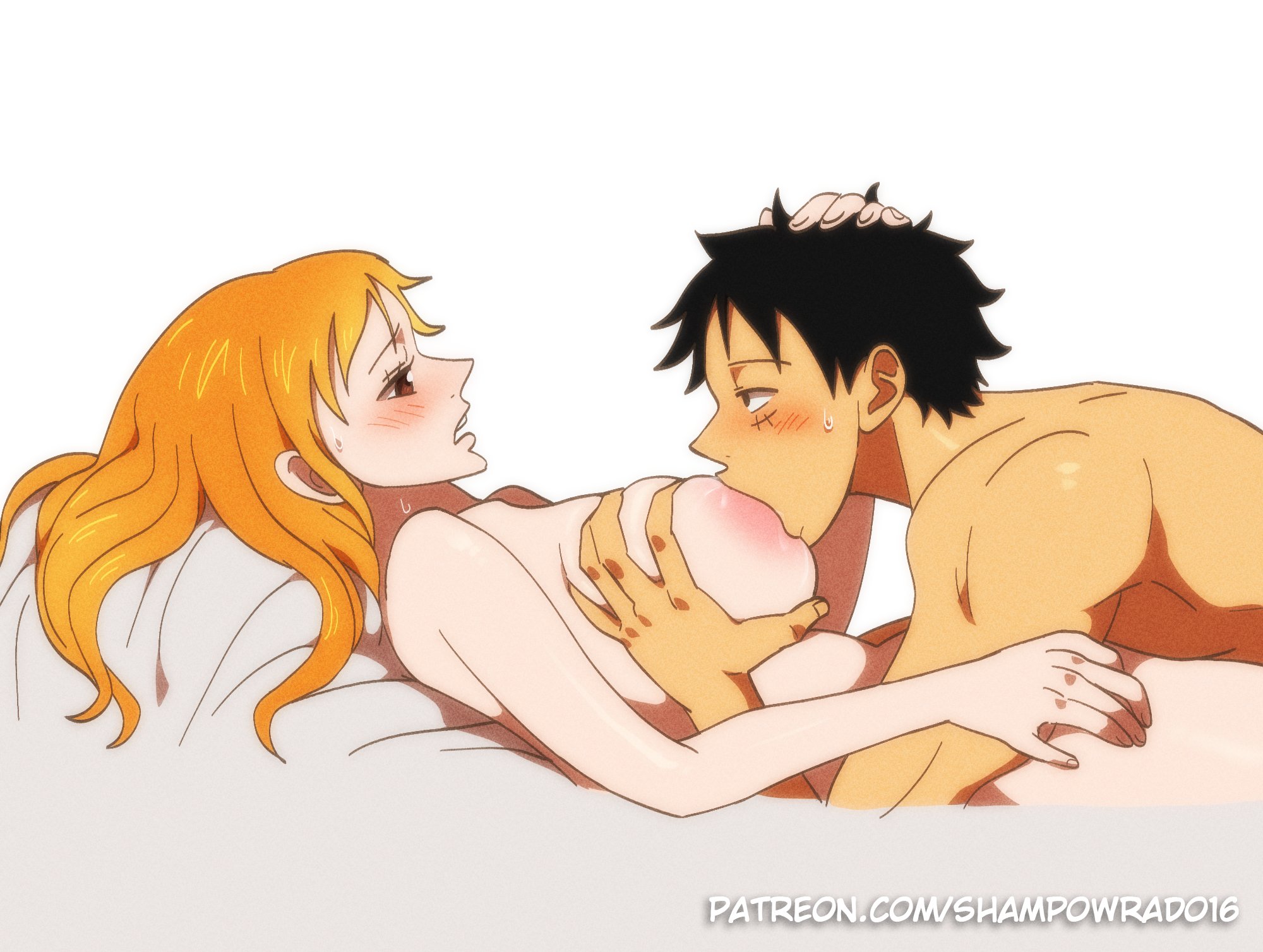1boy, 1boy1girl, 1girls, black hair, black-haired male, breast sucking, couple, female, male, monkey d luffy, nami (one piece), nude, nude female, nude male, one piece, orange hair, orange-haired female, red hair, redhead female, shampowrado, straight couple, sucking nipples