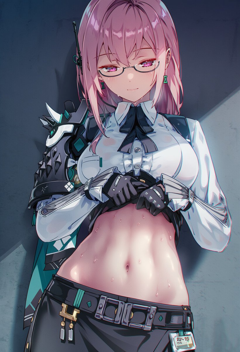 ai generated, belly, belly button, belt, exposed belly, glasses, gloves, large breasts, lifting shirt, midriff, navel, pink eyes, pink hair, raaicave, skirt, sweat, tsukishiro yanagi, tummy, zenless zone zero