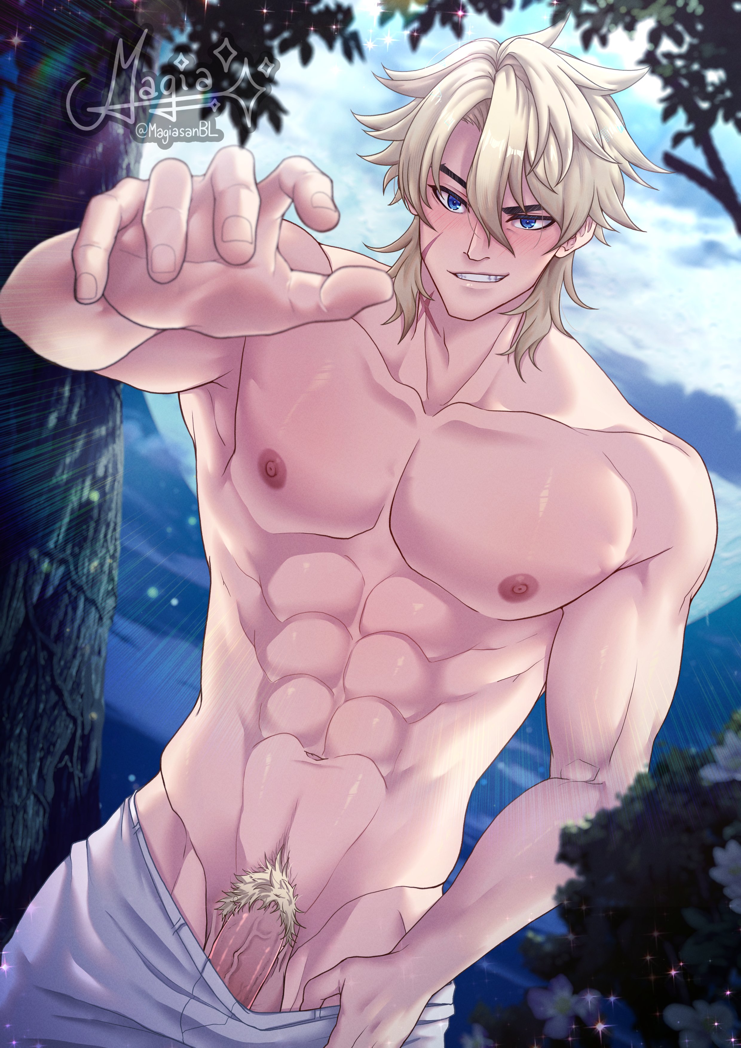 abs, erect penis, erection, genshin impact, magiasan, male, male focus, male only, muscular arms, muscular male, nipples, outside, pants, pecs, pubic hair, pulling down pants, shirtless, shirtless male, varka (genshin impact)