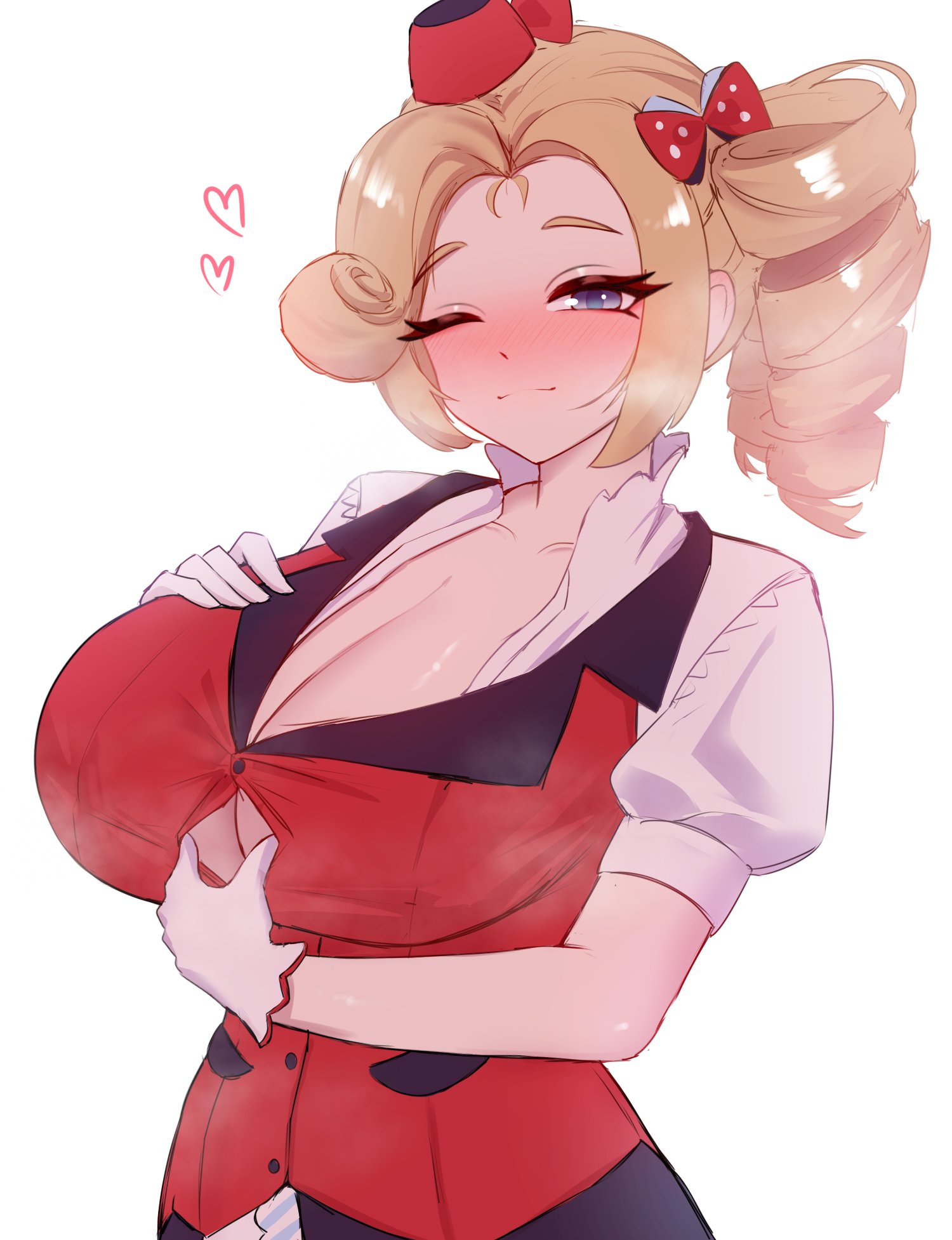 asking for sex, blonde hair, blue eyes, boobs, bow, breasts, cgator, cleavage cutout, clothing cutout, densetsu.exe, drill hair, female, gloves, hat, heart, highres, huge breasts, indie virtual youtuber, large breasts, massive breasts, one eye closed, paizuri invitation, red shirt, sexually suggestive, shirt, side drill, teasing, tits, victoria roman, virtual youtuber, vtuber, wanting sex, white background, white gloves