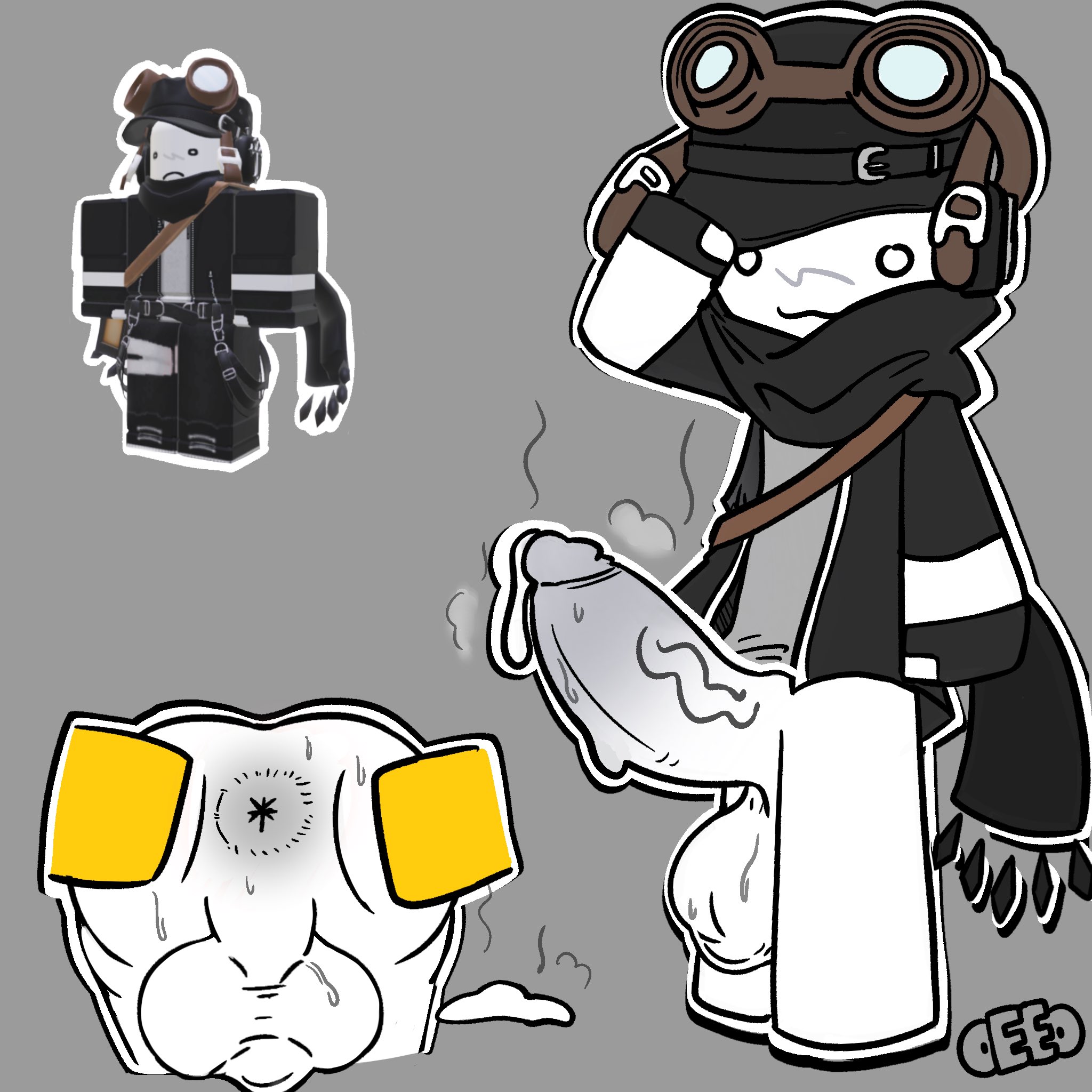 1boy, anthro, anus, ass, balls, big ball, big penis, black belt, black cap, black clothes, black scarf, cum, cum puddle, cumming, digital media (artwork), erect penis, erection, f d e i a, gay, grey background, grey shirt, huge cock, humanoid, hyper penis, male, male focus, male only, musk, musk clouds, musky, musky cock, oeeo, original character, penis, pilot suit, precum, precumming, reference image, roblox, roblox avatar, robloxian, shoulder bag, simple background, small eyes, solo, solo focus, solo male, tagme, telescope, veins, veiny penis, white body, white penis, white skin, yaoi, yellow hands