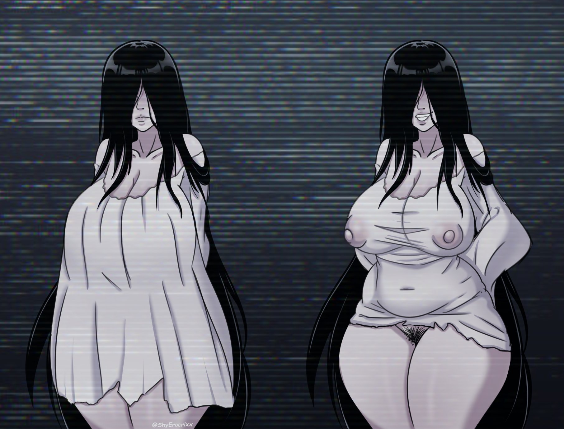 1girls, big breasts, black hair, breasts, erocrixx, female, female only, nipples, nipples visible through clothing, pubic hair, pussy, solo, the ring, translucent clothing, yamamura sadako