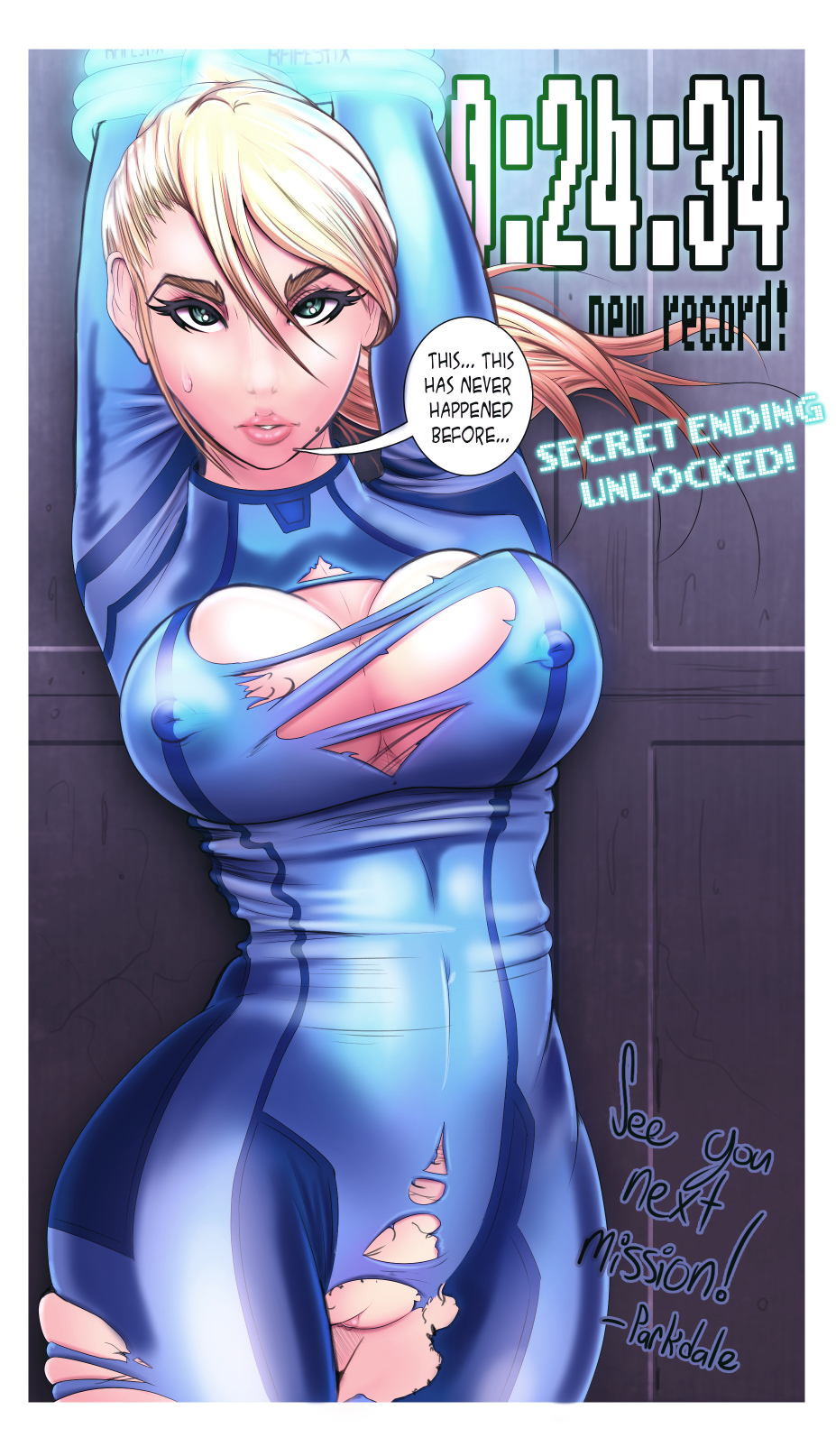 arms up, big breasts, blonde hair, blue eyes, bodysuit, bondage, breasts, erect nipples, female, female only, large breasts, looking at viewer, metroid, nintendo, nipples, parkdale, pussy, restrained, samus aran, skin tight, solo, speech bubble, text, torn clothing, zero suit, zero suit samus