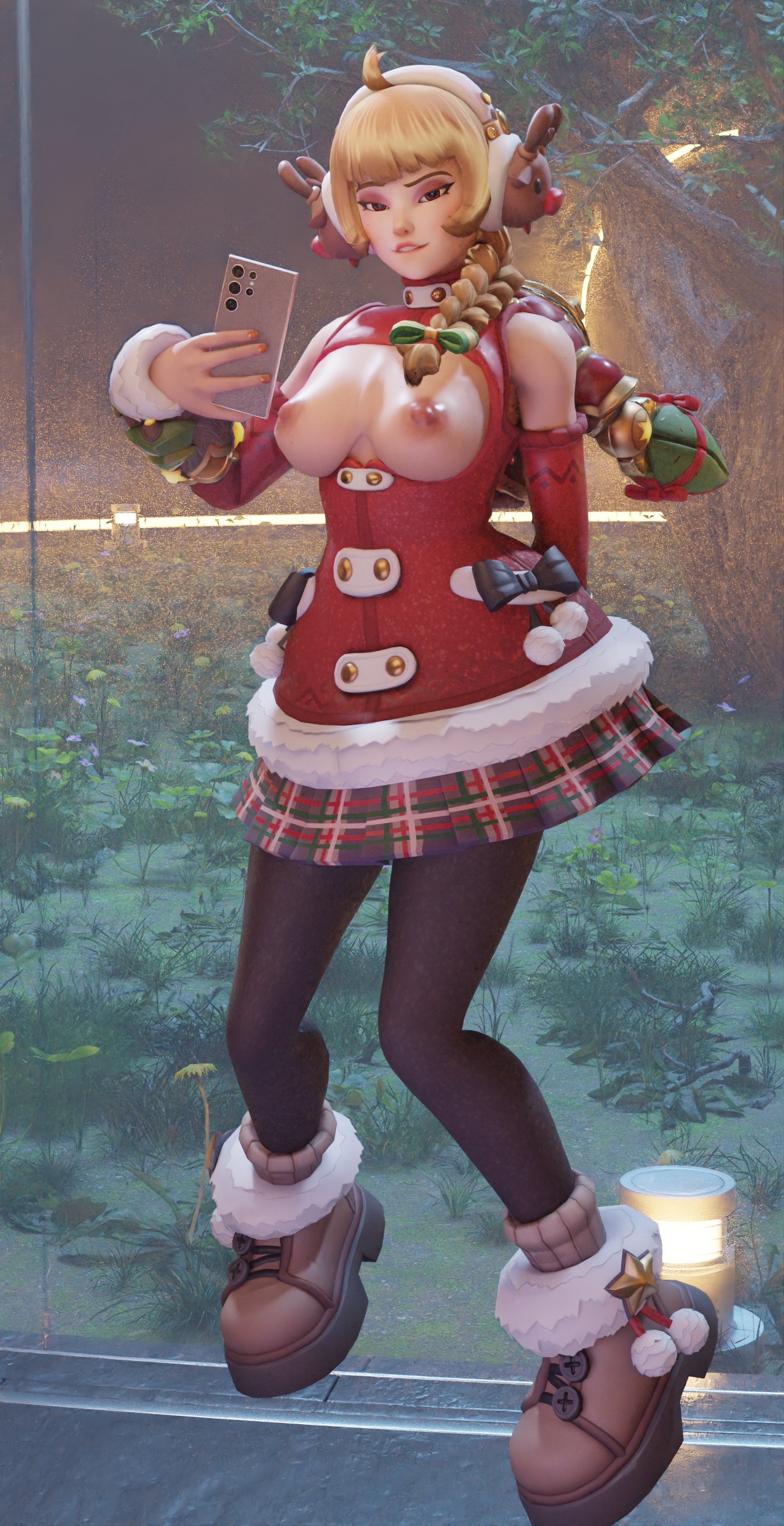 1girls, 3d, biting lip, blonde hair, braid, breasts out, christmas, cozy juno, female, female focus, female only, horny female, juno (overwatch), medium breasts, nishikt, overwatch, overwatch 2, selfie, winter wonderland series