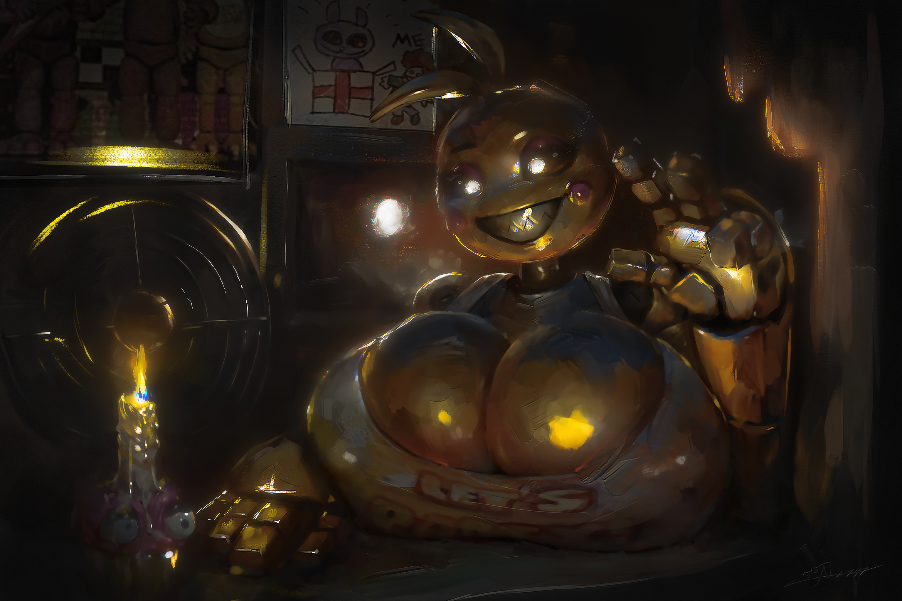 2025, 3:2, animatronic, avian, beakless, big breasts, big cleavage, bird, breasts, candle, chicken, clothed, clothing, cupcake (fnaf), digital drawing (artwork), digital media (artwork), drawing (object), female, five nights at freddy's, five nights at freddy's 2, galliform, hi res, huge breasts, machine, nipple bulge, nipple outline, nx147, phasianid, robot, rosy cheeks, scottgames, sharp teeth, smile, smiling, smug, solo, teeth, toy chica (fnaf), yellow body