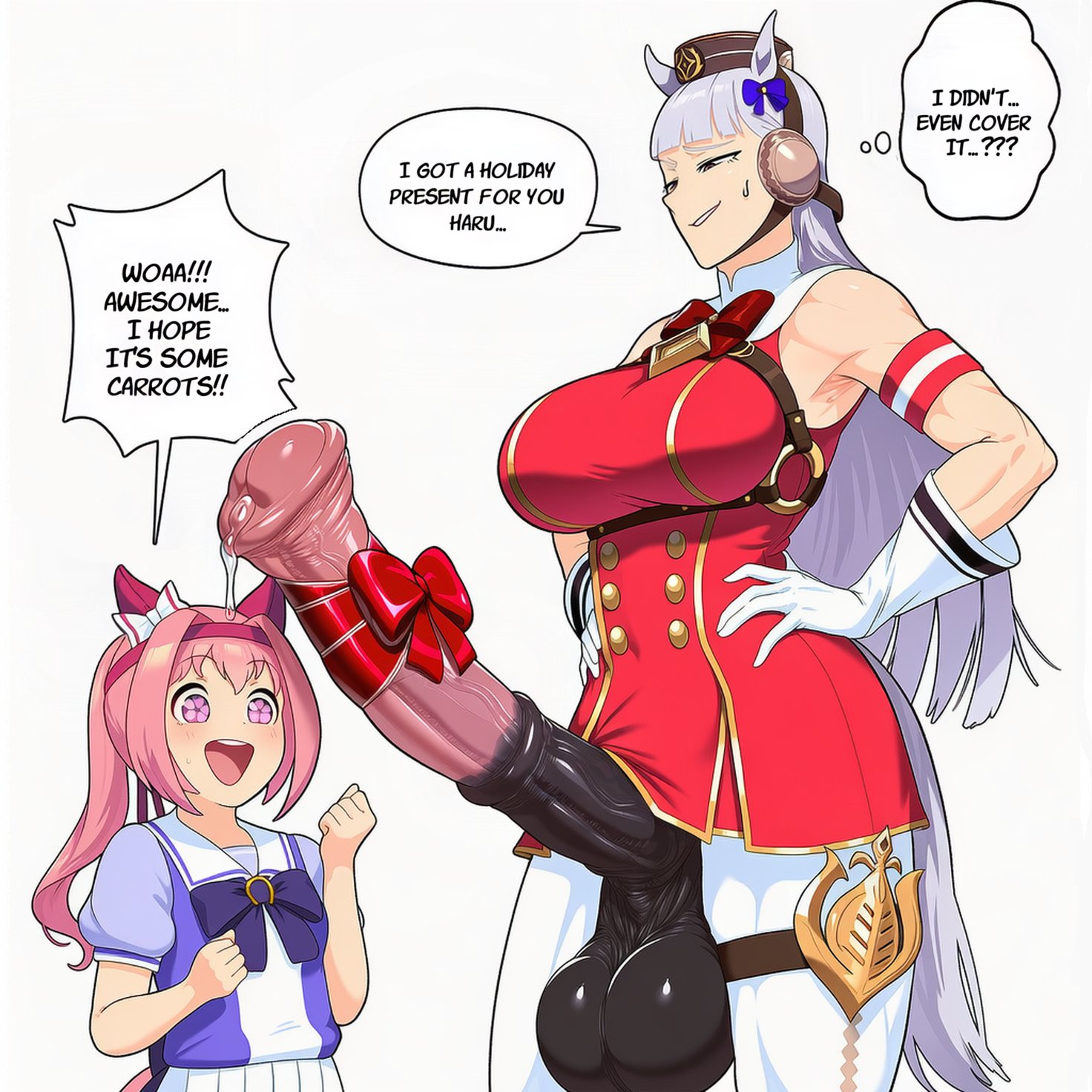 1girl1futa, 2girls, ai assisted, ai generated, animal genitalia on humanoid, dickgirl, english text, futa with female, futanari, gold ship (umamusume), haru urara (umamusume), horse ears, horse girl, horse penis, horsecock, horsecock on humanoid, huge cock, hyper penis, imminent sex, kokenaart, penis awe, pink eyes, pink hair, umamusume, umamusume pretty derby, white hair