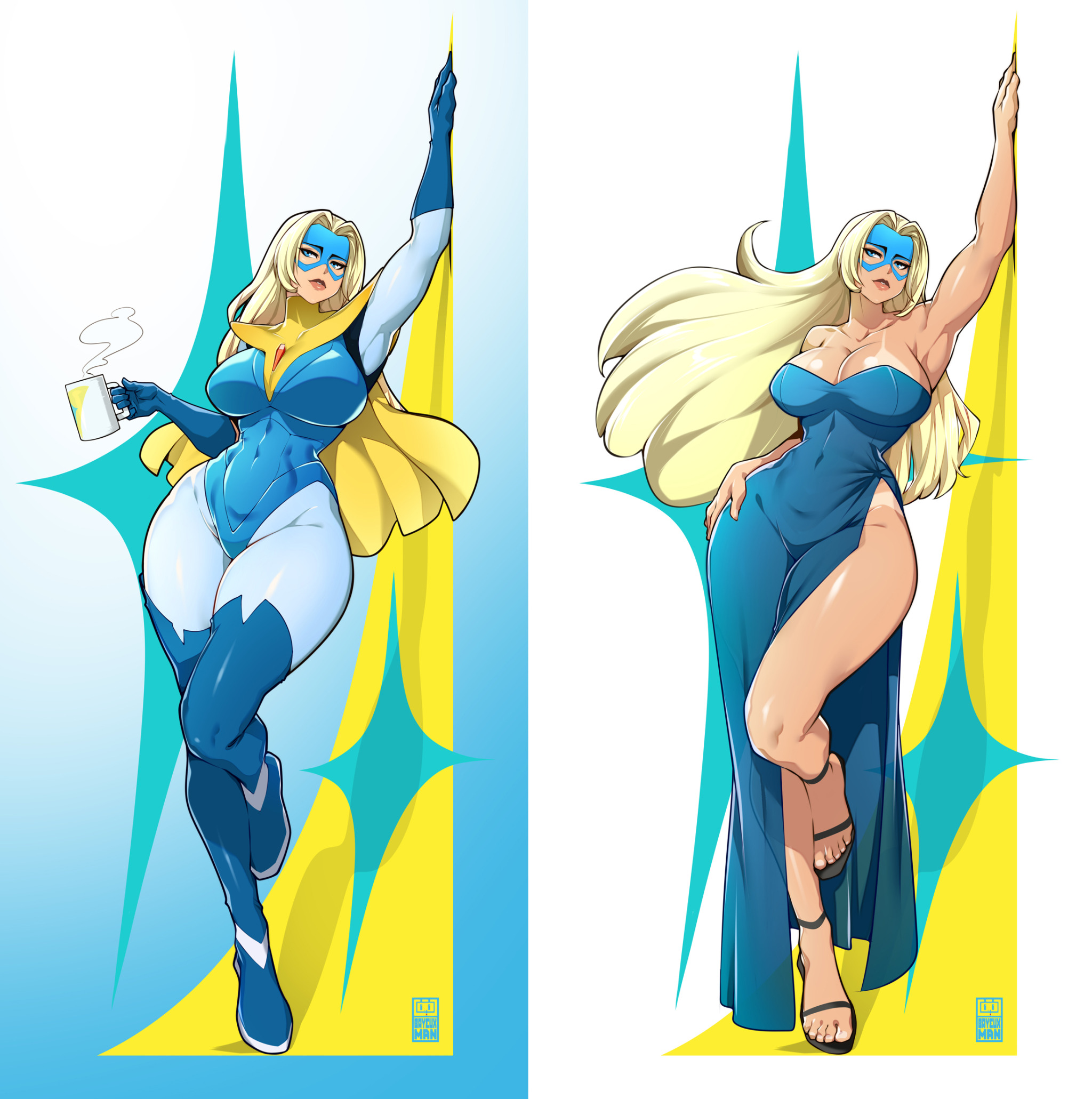 arm up, bayeuxman, big hair, blonde blazer, blonde hair, blue dress, coffee mug, curvy, dispatch (game), domino mask, large breasts, official alternate costume, side slit, strapless, strapless dress, superhero costume