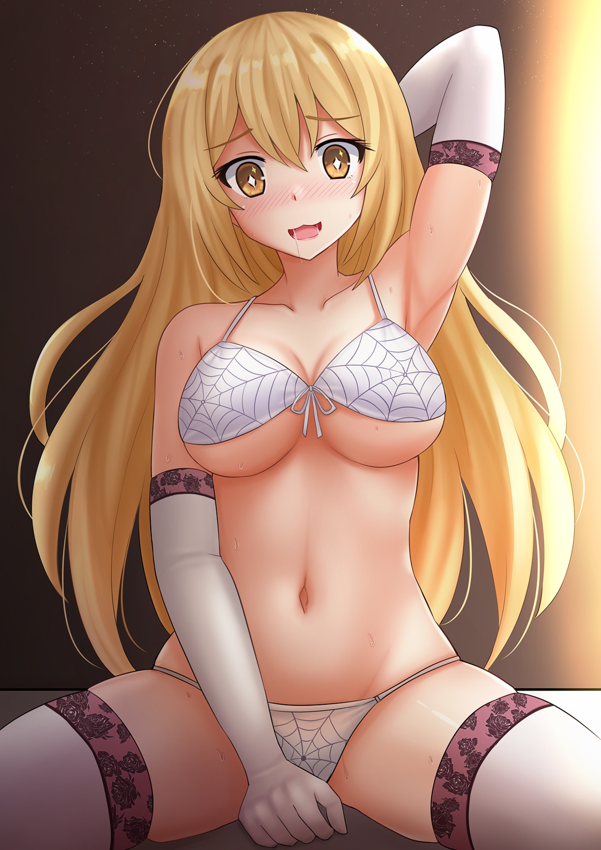 1girls, 2d, 2d (artwork), 2d artwork, arm behind head, armpit, armpit crease, armpit focus, armpit peek, armpits, arms behind head, aroused, aroused expression, aroused face, aroused female, aroused look, aroused smile, belly, belly button, bikini, bikini bottom, bikini top, blonde female, blonde hair, blonde hair female, blonde-haired female, blush, blush face, blushing at viewer, blushing female, blushing lines, breasts, busty, busty female, busty girl, busty teen, cleavage, collarbone, dark background, digital, digital art, digital drawing, digital drawing (artwork), digital media, digital media (artwork), elbow gloves, elbows, eyebrows visible through hair, female, female focus, female only, fingers, front-tie bikini, front-tie bikini top, gloves, groin, hair between eyes, hairless armpits, half naked, half nude, halterneck, hand behind head, hands behind head, high resolution, high school student, highres, horny, horny expression, horny eyes, horny female, horny smile, hourglass figure, in heat, inframammary fold, inguinal crease, inguinal ligament, kazenokaze, large breasts, lean figure, legs apart, legs spread, legwear, linea alba, long gloves, long hair, looking at viewer, lustful expression, lustful eyes, lustful gaze, midriff, naked, naked female, naked woman, narrow waist, navel, nude, nude female, nudity, open mouth, open mouth smile, parted lips, posing, posing for the viewer, posing naked, posing nude, presenting armpit, school girl, semi nude, shaved armpits, shokuhou misaki, shoulders, simple background, sitting, sitting on ass, slender body, slender waist, slim waist, solo, spread legs, spreading legs, spreading thighs, star eyes, star-shaped pupils, stockings, stomach, string bikini, swimsuit, swimwear, teen girl, teenage girl, teenage tits, teenager, thick thighs, thigh highs, thighhighs, thighs, to aru kagaku no mental out, to aru kagaku no railgun, to aru majutsu no index, tongue, upper body, white bikini, white bikini bottom, white bikini top, white elbow gloves, white gloves, white legwear, white long gloves, white stockings, white swimsuit, white swimwear, white thigh highs, white thighhighs, wide hips, yellow eyes, yellow hair, yellow-eyed female, yellow-haired female, young female, young woman