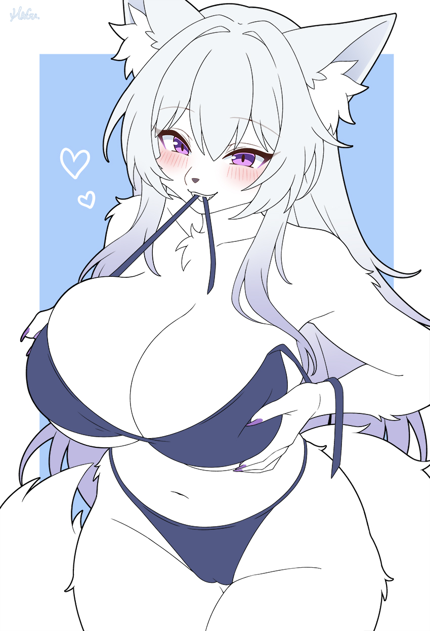 2025, bikini, female, female only, flat colors, fox, fox ears, fox girl, furry, furry female, furry only, magu mm 0824, purple eyes, solo, solo female, tagme (artist), white body, white fur