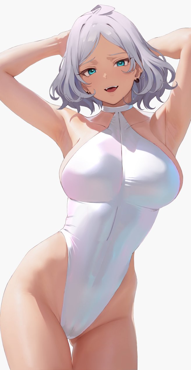 1girls, 2d, 2d (artwork), 2d artwork, adult, adult female, anime milf, armpit, armpit crease, armpit focus, armpit peek, armpits, bare armpits, bare arms, bare hands, bare hips, bare legs, bare shoulders, bare skin, bare thighs, belly, belly button, bewitching thighs, big breasts, bikini, blue eyes, blue-eyed female, breasts, brown skin, brown skinned female, brown-skinned female, busty, busty female, busty girl, busty milf, child bearing hips, collarbone, curvaceous, curvaceous body, curvaceous female, curvaceous figure, curvaceous hips, curvy, curvy body, curvy female, curvy figure, curvy hips, curvy milf, digital, digital art, digital drawing, digital drawing (artwork), digital media, digital media (artwork), ear piercing, ear piercings, elbows, exposed armpits, exposed arms, exposed hips, exposed legs, exposed shoulders, exposed skin, exposed thighs, female, female focus, female only, fertile hips, groin, gundam, hairless armpits, hand behind head, hands behind head, high resolution, highres, hot milf, hourglass figure, inframammary fold, inguinal crease, inguinal ligament, large boobs, large breasts, lean figure, legs closed, legs together, looking at viewer, mature, mature female, midriff, milf, mobile suit gundam, mother, narrow waist, navel, one-piece swimsuit, open mouth, open mouth smile, parted bangs, parted lips, pierced ear, pierced ears, posing, posing for the viewer, presenting armpit, saisarisu, secelia dote, shaved armpits, short hair, shoulders, simple background, slender body, slender waist, slim waist, solo, standing, swimsuit, swimwear, thick thighs, thigh gap, thighs, thighs together, tongue, upper body, upper teeth, white background, white bikini, white eyebrows, white hair, white one-piece swimsuit, white swimsuit, white swimwear, white-haired female, wide hips