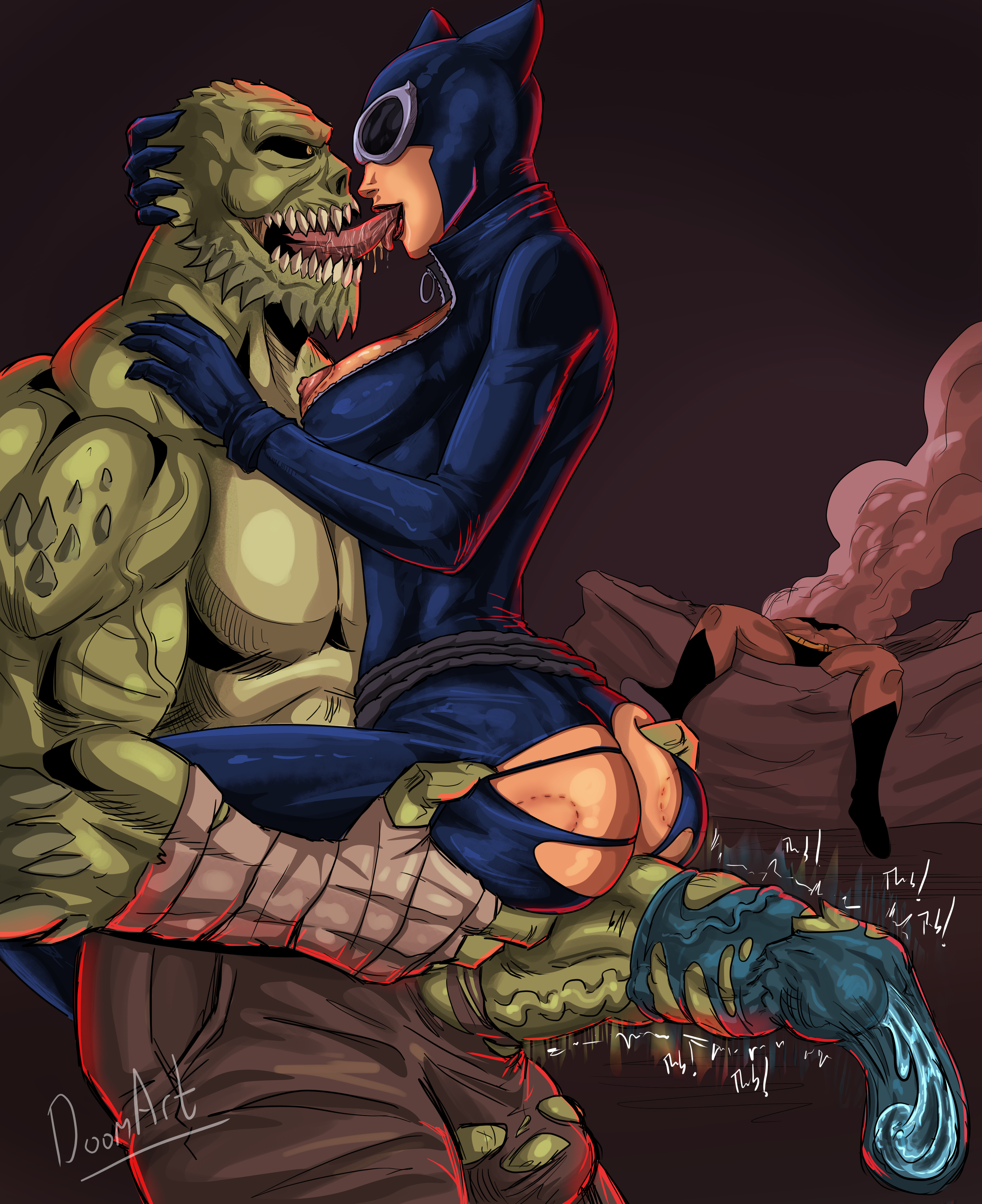 1boy, 1girls, 2d, about to pound the fuck outta em, ass grab, batman, batman (series), bite mark on breast, bite mark on nipple, bite marks, broken condom, catwoman, cheating, cheating girlfriend, color, condom, conjugal slavery, cucked by villain, cuckold, cuckolding, dc comics, doomart, french kiss, full color, hero defeated, imminent penetration, imminent sex, killer croc, lifting person, monster cock, precum, stockholm syndrome, straight, throbbing penis, tongue in mouth, tongue kiss