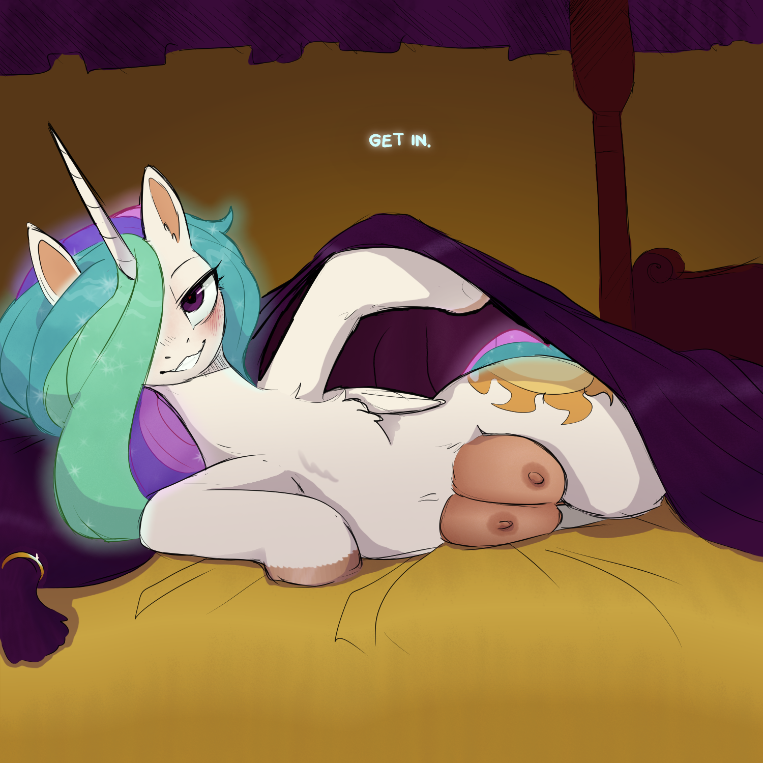 1:1, 2025, alicorn, animal ears, bed, bed sheet, bedding, big teats, blue hair, blush, cold-blooded-twilight, color edit, colored, crotchboobs, dialogue, equid, equine, eyelashes, feathered wings, feathers, female, female feral, feral, friendship is magic, front view, fur, furniture, green hair, hair over eye, hasbro, hi res, hooves, horn, looking at viewer, lying, mammal, multicolored hair, my little pony, mythological creature, mythological equine, mythology, nipples, on side, pillow, pink hair, princess celestia (mlp), pupils, purple eyes, purple hair, quadruped, smile, solo, tail, talking feral, teats, text, thick thighs, third-party edit, white body, white fur, wings