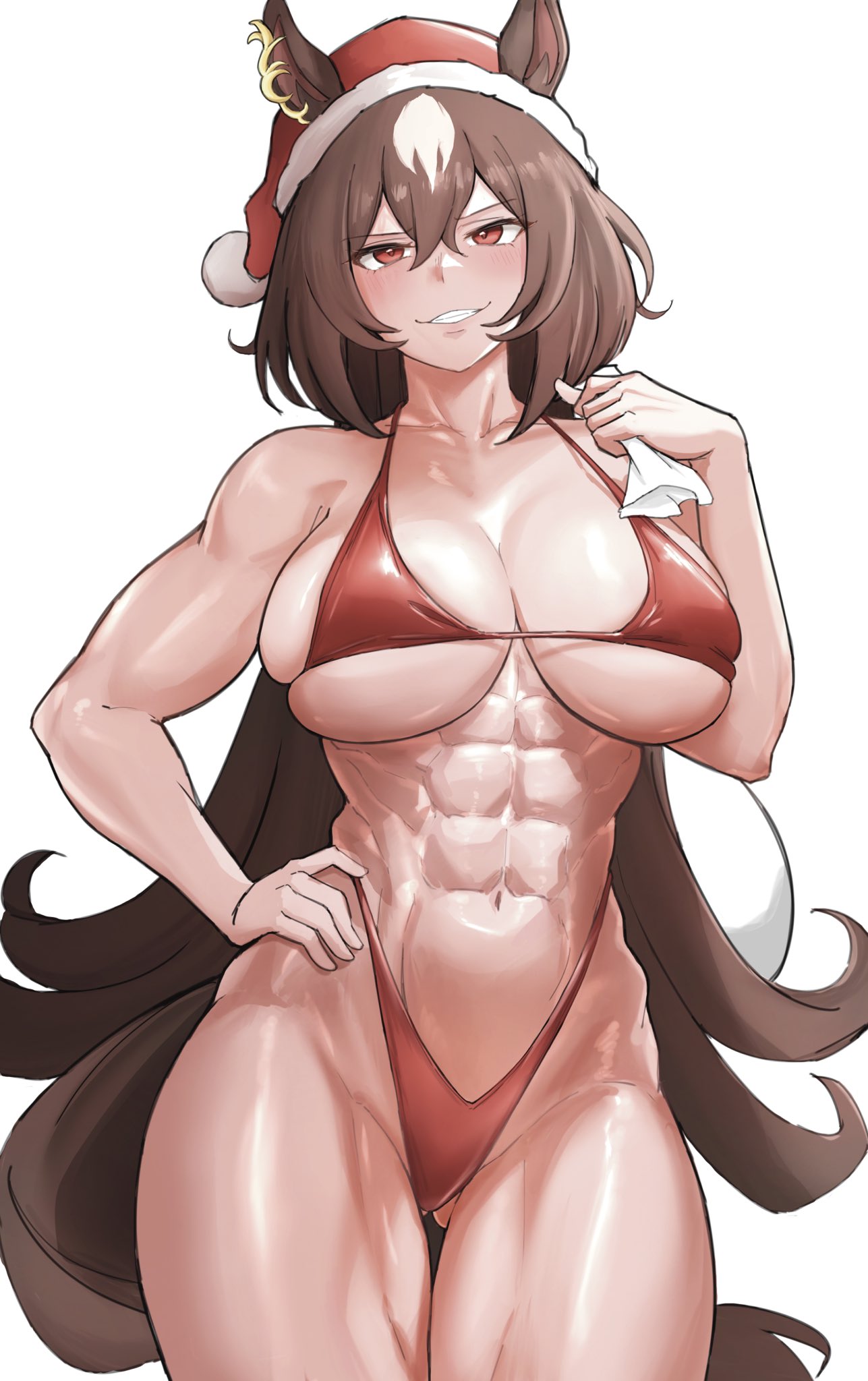 1girls, abs, alternate costume, animal ears, ass visible through thighs, bikini, breasts, brown hair, christmas, cleavage, collarbone, cowboy shot, ear ornament, grin, hair between eyes, hand on own hip, hat, hi res, horse ears, horse girl, horse tail, large breasts, long hair, micro bikini, miya nns35, multicolored hair, muscular, muscular female, red eyes, red hat, santa hat, simple background, sirius symboli (umamusume), smile, solo, streaked hair, swimsuit, tail, thighs, umamusume, very long hair, white background, white hair
