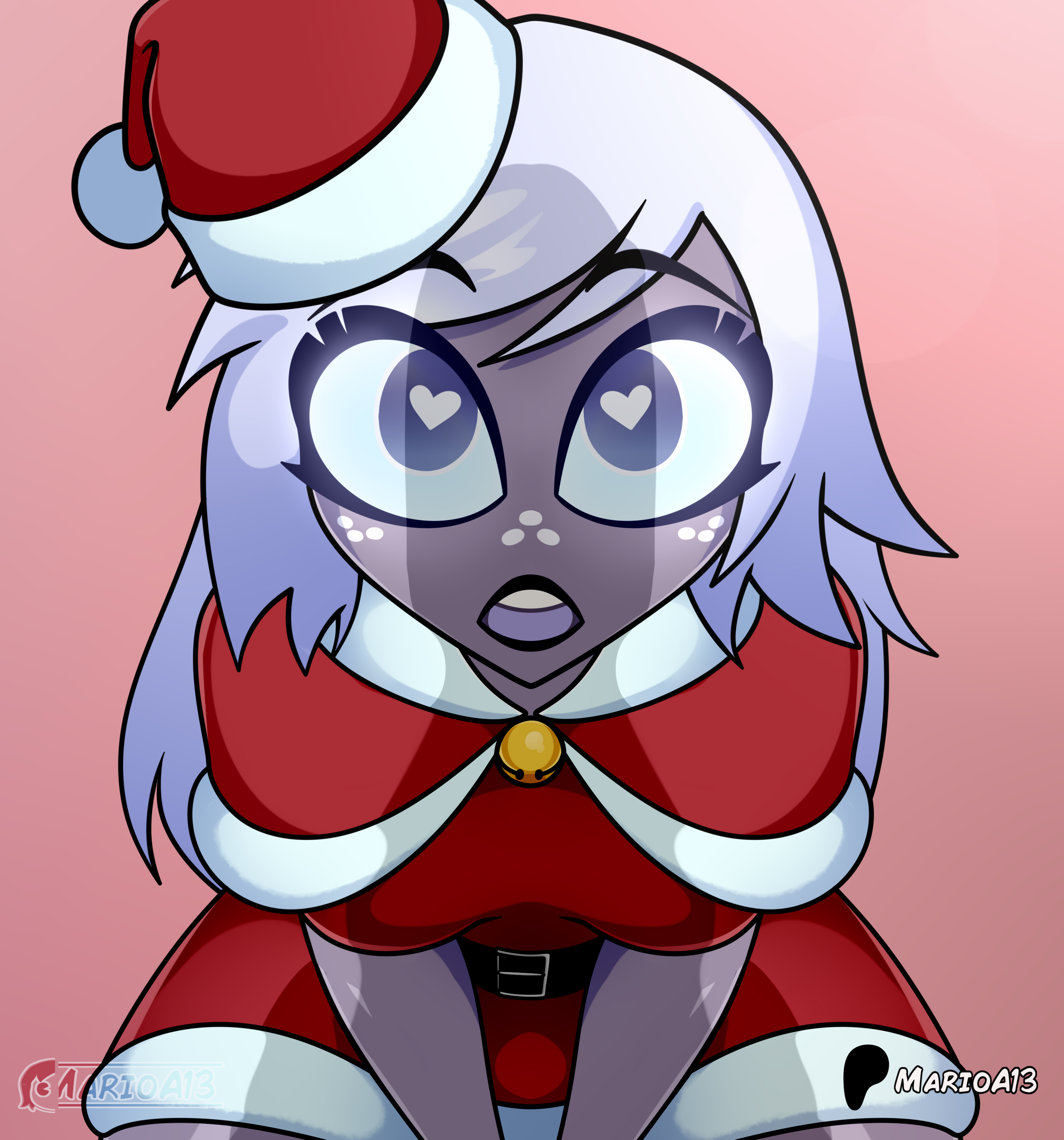 absurd res, angel, artist logo, artist name, christmas, christmas clothing, christmas outfit, clothed, digital drawing (artwork), digital media (artwork), emily (hazbin hotel), eyelashes, eyeliner, freckles, freckles on face, fully clothed, grey skin, hazbin hotel, heart-shaped pupils, highres, imminent oral, implied oral, in love, in love with cock, kneeling, looking up, marioa13, open mouth, penis awe, penis shadow, pink background, purple eyes, purple hair, santa costume, santa hat, shadow, suprised, vivienne medrano, vivziepop, white hair, wide eyed