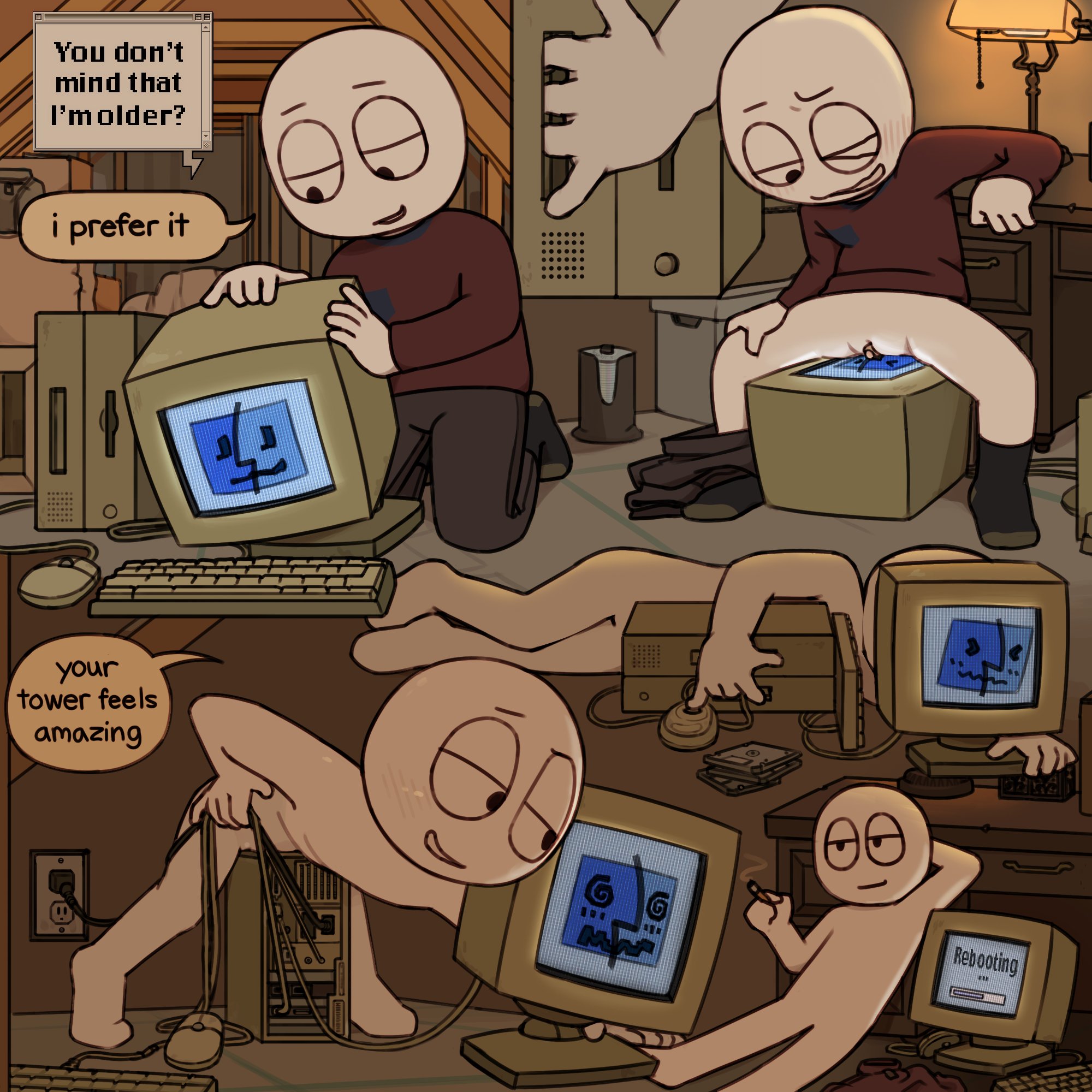 1cuntboy, 1other, age difference, androgynous, animate inanimate, apple inc., apple macintosh, clitoris, comic, computer, computer monitor, computer tower, cuntboy, dry humping, english text, fingering, fingering partner, greyscale skin, grinding, homunculus100, inanimate object, mac os, macintosh, monochromatic skin, objectophilia, objectum, original, pants around one leg, pulling wires, pussy, smoking, smoking after sex, technophilia, toony, uncensored, undressing, white skin, white skin (monochrome), wire play, wireplay