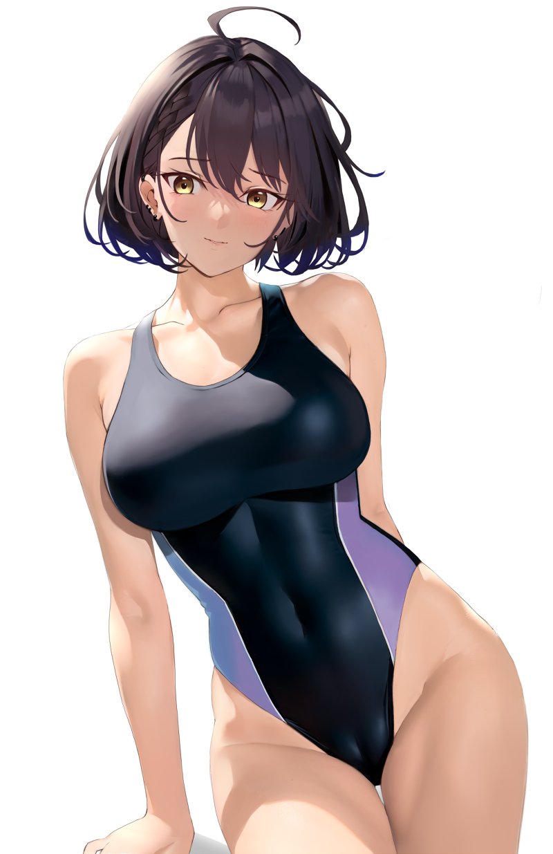 1girls, 2d, 2d (artwork), 2d artwork, adult, adult female, ahoge, arm behind back, azur lane, baltimore (azur lane), bare arms, bare hands, bare hips, bare legs, bare shoulders, bare skin, bare thighs, belly, belly button, big breasts, bikini, black bikini, black one-piece swimsuit, black swimsuit, black swimwear, breasts, brown eyebrows, brown hair, brown-haired female, busty, busty female, busty girl, collarbone, competition swimsuit, curvaceous, curvaceous body, curvaceous female, curvaceous figure, curvaceous hips, curvy, curvy body, curvy female, curvy figure, curvy hips, digital, digital art, digital drawing, digital drawing (artwork), digital media, digital media (artwork), ear piercing, ear piercings, exposed arms, exposed hips, exposed legs, exposed shoulders, exposed skin, exposed thighs, female, female focus, female only, groin, hair between eyes, hand behind back, head tilt, high resolution, highres, hourglass figure, inguinal crease, inguinal ligament, large boobs, large breasts, lean figure, legs closed, legs together, linea alba, looking at viewer, mature, mature female, medium hair, midriff, narrow waist, navel, one-piece swimsuit, pierced ear, pierced ears, saisarisu, short hair, shoulders, simple background, slender body, slender waist, slim waist, solo, standing, swimsuit, swimwear, thick thighs, thigh gap, thighs, thighs together, tilted head, upper body, white background, wide hips, yellow eyes, yellow-eyed female