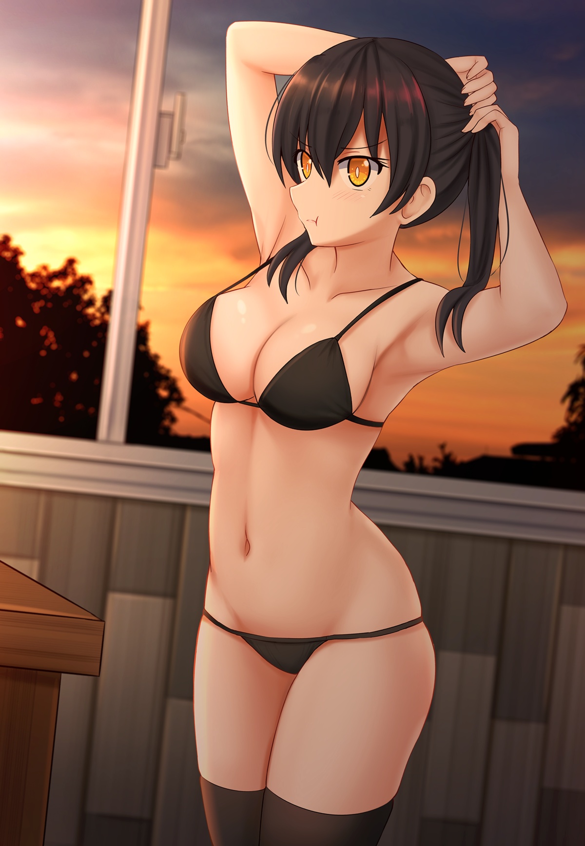 :t, 1girls, 2d, 2d (artwork), 2d artwork, afternoon, almost naked, almost nude, alternate version at source, alternate version available, arm above head, arm up, armpit, armpit crease, armpit peek, armpits, arms above head, arms up, bare armpits, bare arms, bare belly, bare chest, bare hands, bare hips, bare midriff, bare navel, bare shoulders, bare skin, bare thighs, belly, belly button, big breasts, bikini, bikini bottom, bikini top, black bikini, black bikini bottom, black bikini top, black hair, black legwear, black stockings, black swimsuit, black swimwear, black thigh highs, black thighhighs, black-haired female, blue sky, blurred background, blurry background, breasts, busty, busty female, busty girl, busty teen, cleavage, clouds, collarbone, curvaceous, curvaceous body, curvaceous female, curvaceous figure, curvaceous hips, curvy, curvy body, curvy female, curvy figure, curvy hips, day, daylight, daytime, digital, digital art, digital drawing, digital drawing (artwork), digital media, digital media (artwork), elbows, en'en no shouboutai, enen no shouboutai, exposed armpits, exposed arms, exposed belly, exposed chest, exposed hips, exposed midriff, exposed navel, exposed shoulders, exposed skin, exposed thighs, female, female focus, female only, fingernails, fingers, fire force, groin, hair between eyes, hairless armpits, halterneck, hand above head, hand up, hands above head, hands up, high resolution, highres, hourglass figure, inguinal crease, inguinal ligament, kazenokaze, kotatsu tamaki, large boobs, large breasts, lean figure, legs closed, legs together, legwear, linea alba, long hair, looking at viewer, midriff, more at source, mostly nude, naked, naked female, naked woman, narrow waist, navel, nearly nude, nude, nude female, nudity, orange eyes, orange-eyed female, outdoor, outdoor nudity, outdoors, outside, pout, pouting, pouting lips, pouty lips, practically nude, pussy, shaved armpits, shoulders, skindentation, sky, slender body, slender waist, slim waist, solo, standing, stockings, stomach, string bikini, sunset, swimsuit, swimwear, teen girl, teenage girl, teenage tits, teenager, thick thighs, thigh highs, thighhighs, thighs, thighs together, twintails, twintails (hairstyle), tying hair, upper body, white pupils, wide hips, young female, young woman