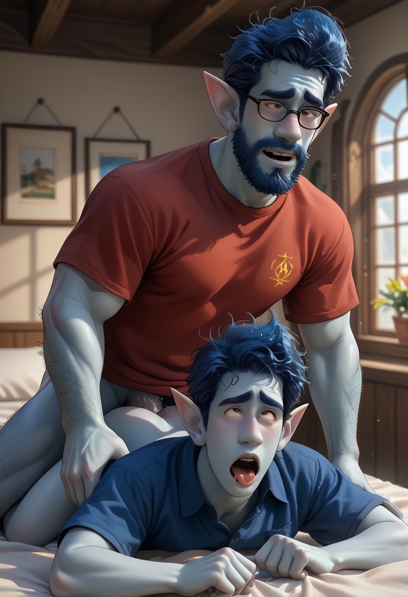 2boys, age difference, ahe gao, ai generated, anal, ass, beard, bedroom, blue hair, blue skin, blush, civitai, curly hair, disney, elf, elf ears, father and son, gay, glasses, ian lightfoot, incest, indoors, male, male only, muscular, onward (2020), penis, pixar, tongue out, whythough 01 (prompter), wilden lightfoot, yaoi, young