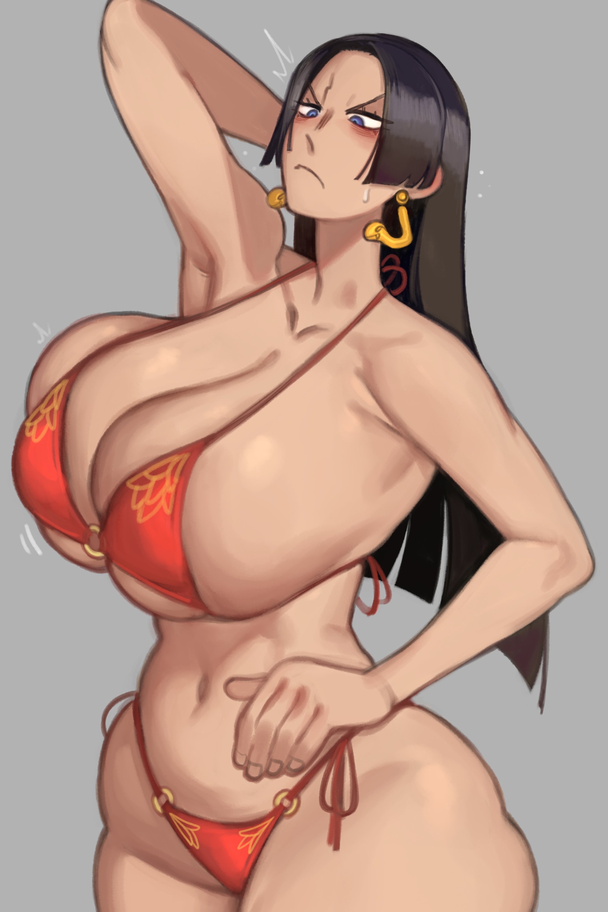 1girls, big breasts, black hair, boa hancock, bra, breasts, clothing, earrings, female, female only, huge breasts, kelvin hiu, long hair, one piece, panties, red bra, red panties