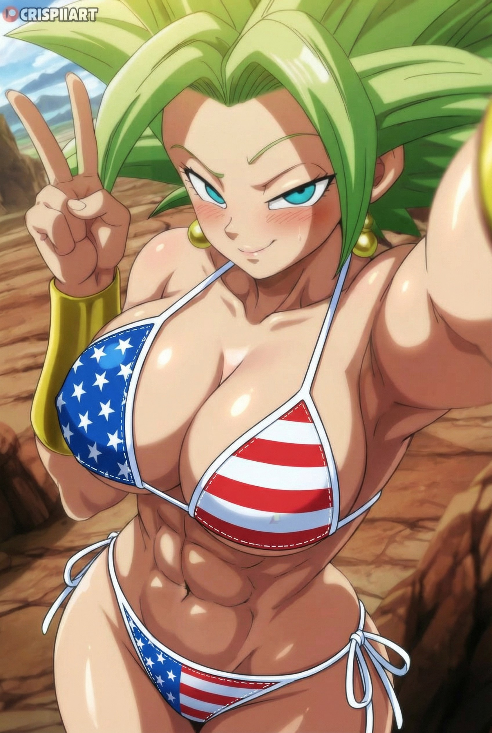 1girls, abs, absurd res, ai generated, american flag bikini, bangs, blue eyes, blush, breasts, collarbone, commentary request, crispiiart, day, dragon ball, dragon ball super, earrings, female, female only, flirting, fusion, green eyes, green hair, jewelry, kefla, large breasts, legendary super saiyan, light skin, light-skinned female, mountain, muscles, muscular, muscular female, outdoors, parted bangs, potara earrings, saiyan, seductive smile, short hair, smile, solo, spiked hair, spiky hair, super form, super saiyan, upscaled, v, v-sign, vambraces