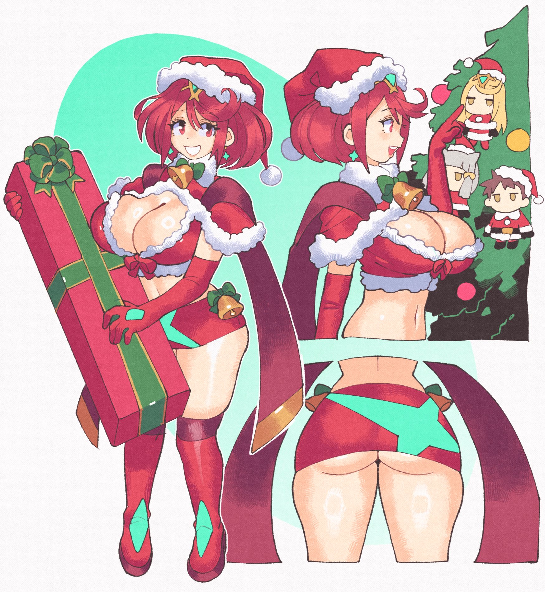 ass, ass peek, bob cut, box, breasts, christmas, christmas tree, cleavage, earrings, elbow gloves, female, female only, fur trim, gift, gift box, gloves, highres, holding, holding gift, inkerton-kun, inkuusan, jewelry, large breasts, microskirt, midriff, multiple views, pyra, pyra (xenoblade), red eyes, red gloves, red hair, santa costume, short hair, skirt, smile, swept bangs, thick thighs, thighs, tiara, xenoblade (series), xenoblade chronicles 2