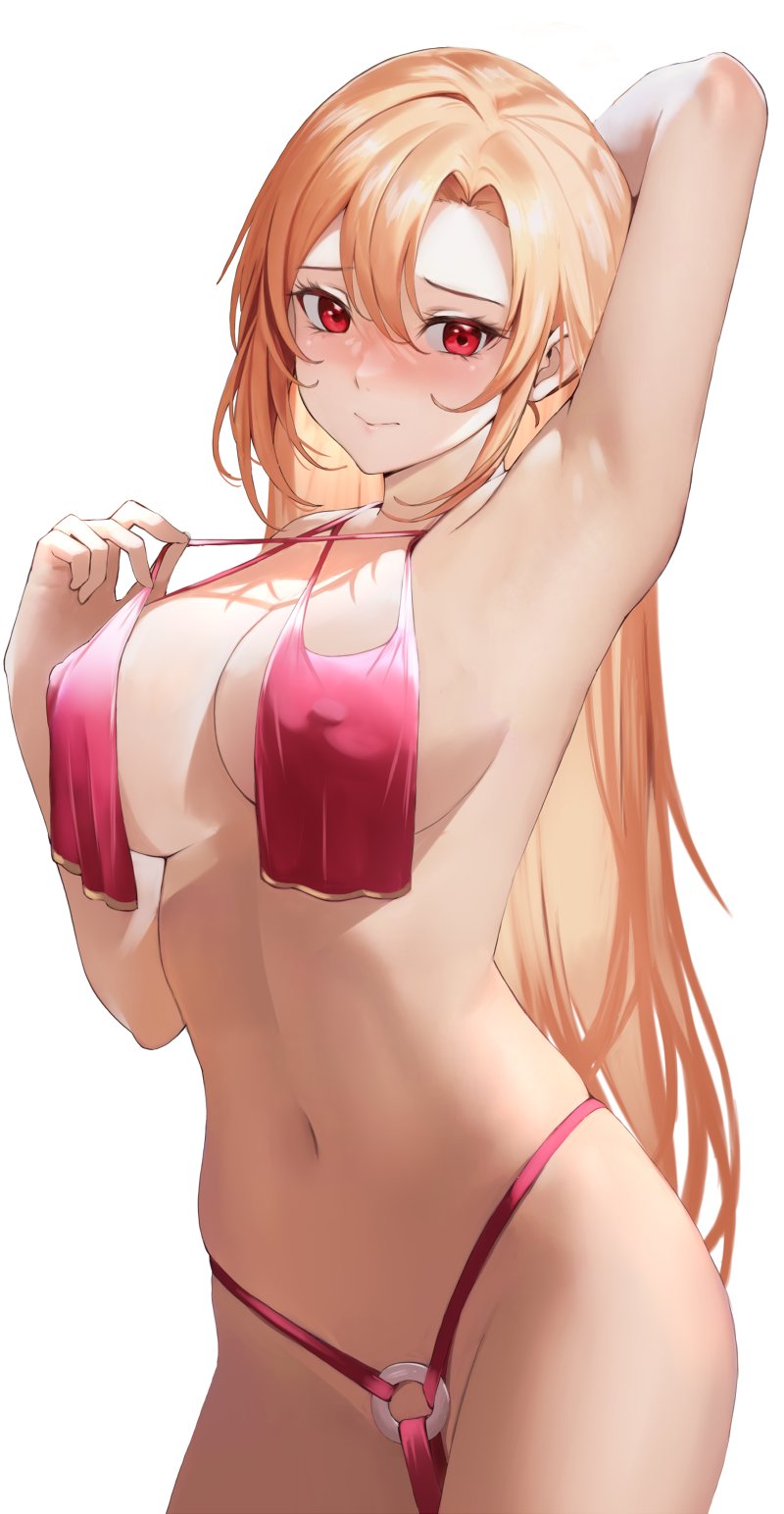 1girls, 2d, 2d (artwork), 2d artwork, alternate version at source, alternate version available, angelica rapha redgrave, armpit, armpit crease, armpit focus, armpit peek, armpits, bare armpits, bare arms, bare belly, bare chest, bare hands, bare hips, bare legs, bare midriff, bare navel, bare shoulders, bare skin, bare thighs, belly, belly button, big breasts, bikini, bikini bottom, bikini only, bikini top, blonde eyebrows, blonde female, blonde hair, blonde hair female, blonde-haired female, blush, blush face, blushing at viewer, blushing female, breasts, busty, busty female, busty girl, cleavage, collarbone, curvaceous, curvaceous body, curvaceous female, curvaceous figure, curvaceous hips, curvy, curvy body, curvy female, curvy figure, curvy hips, digital, digital art, digital drawing, digital drawing (artwork), digital media, digital media (artwork), elbows, embarrassed, embarrassed exposed female, embarrassed expression, embarrassed female, embarrassed nude female, exposed armpits, exposed arms, exposed belly, exposed chest, exposed hips, exposed legs, exposed midriff, exposed navel, exposed shoulders, exposed skin, exposed thighs, female, female focus, female only, fingers, flustered, flustered female, groin, hairless armpits, halterneck, head tilt, high resolution, highres, hourglass figure, inframammary fold, inguinal crease, inguinal ligament, large boobs, large breasts, lean figure, legs closed, legs together, linea alba, long hair, looking at viewer, midriff, more at source, narrow waist, navel, nipple bulge, nipples, otome game sekai wa mob ni kibishii sekai desu, parted bangs, pink bikini, pink bikini bottom, pink bikini top, pink swimsuit, pink swimwear, posing, posing for the viewer, posing naked, posing nude, presenting armpit, red eyes, red-eyed female, saisarisu, shaved armpits, shoulders, simple background, slender body, slender waist, slim waist, solo, standing, stomach, strap lift, strap pull, string bikini, swimsuit, swimwear, thick thighs, thighs, thighs together, tilted head, upper body, white background, wide hips