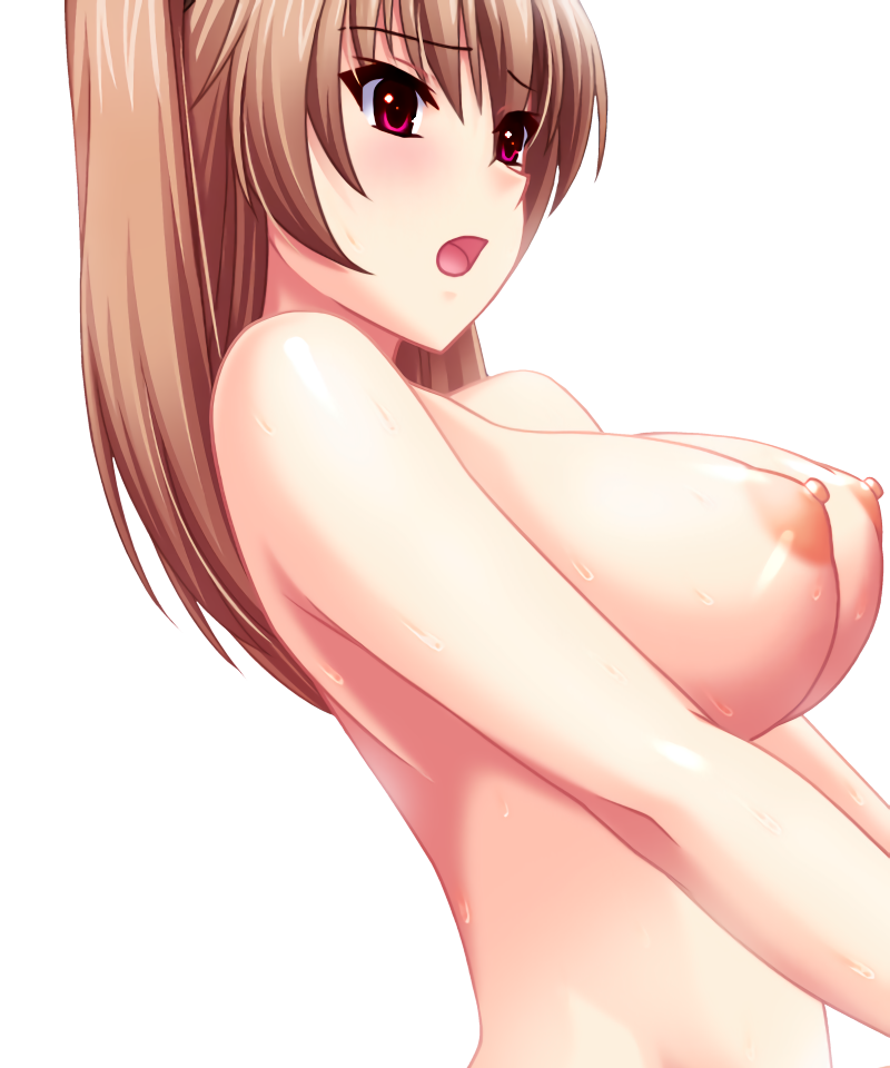 areolae atelier_kaguya atelier_kaguya_honky-tonk_pumpkin ayabe_miyuki blush breasts brown_hair game_cg ijira_rental large_breasts nipples nude pointy_chin red_eyes sakagami_umi shiny_skin sweat transparent_background