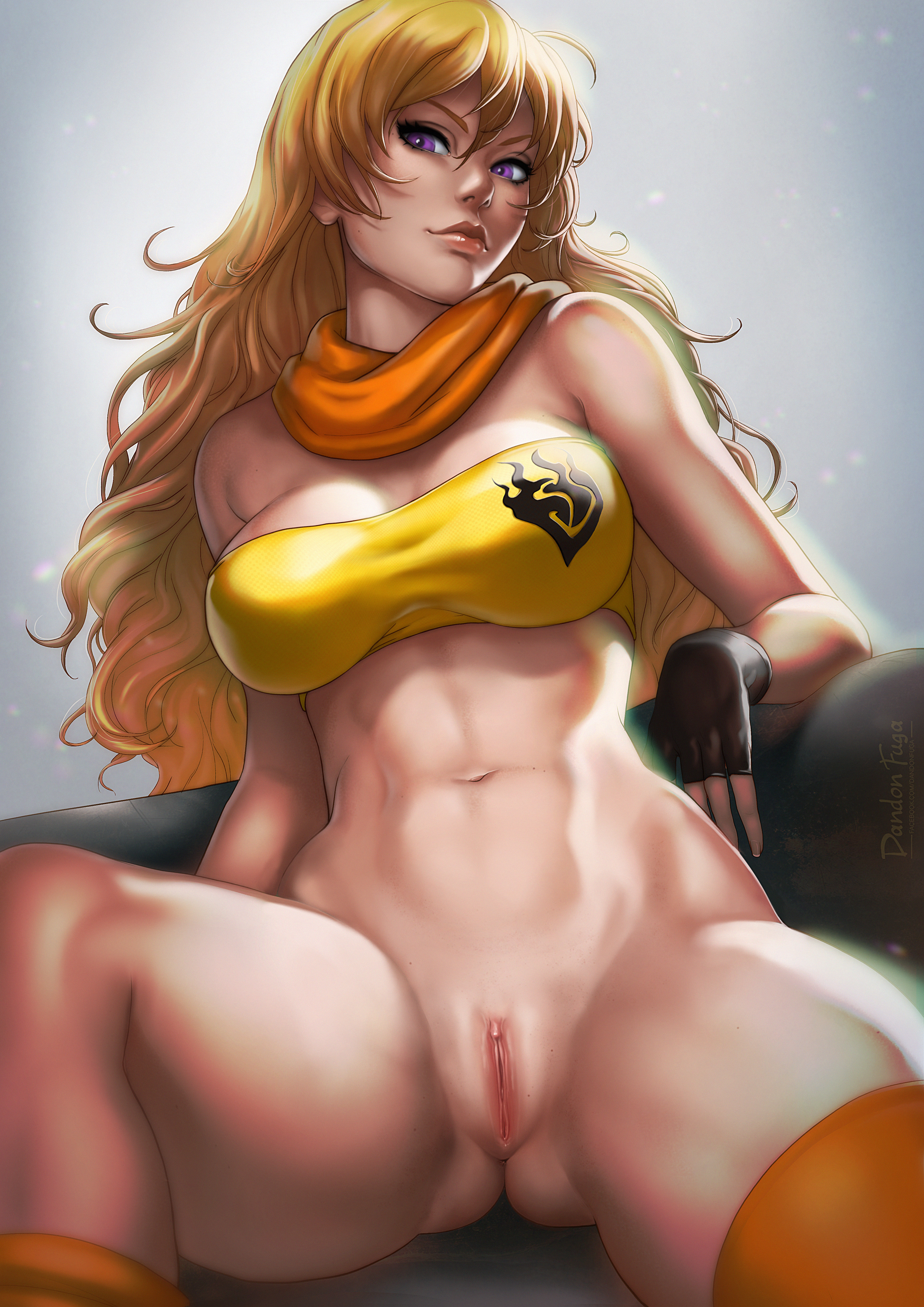 abs, absurdres, bandeau, bare shoulders, belly, blonde hair, bottomless, breasts, cleavage, dandon fuga, female, female only, fingerless gloves, gloves, highres, large breasts, legs, long hair, looking at viewer, navel, nipples, nude, purple eyes, pussy, rwby, scarf, short shorts, shorts, sitting, solo, spread legs, stomach, tan, tanline, thighhighs, thighs, toned, tubetop, vagina, yang xiao long
