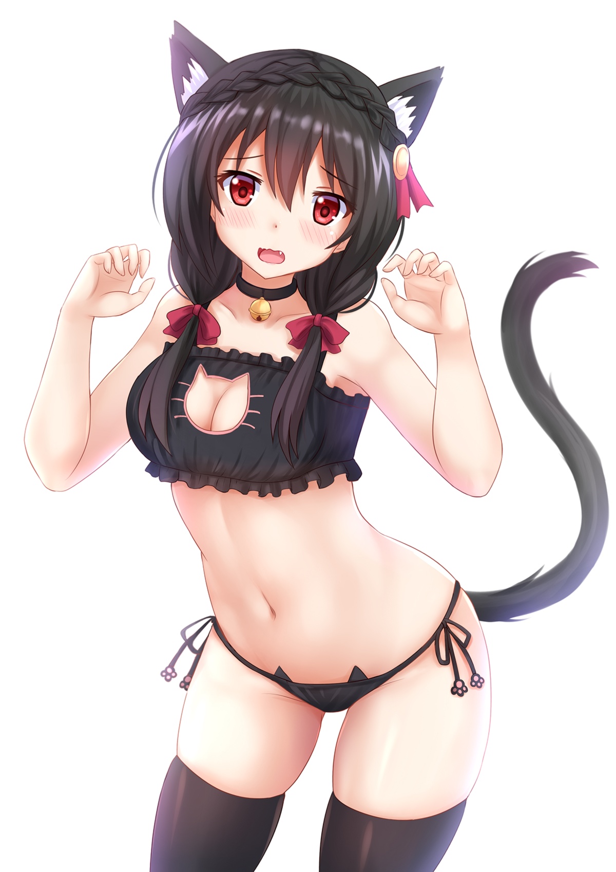 1girls, 2d, 2d (artwork), 2d artwork, animal ear fluff, animal ears, animal tail, bare armpits, bare arms, bare belly, bare chest, bare hands, bare hips, bare midriff, bare navel, bare shoulders, bare skin, bare thighs, belly, belly button, black bra, black legwear, black panties, black stockings, black thigh highs, black thighhighs, black thong, black underwear, blush, blush face, blushing at viewer, blushing female, blushing lines, bra, braid, braided hair, braids, breasts, brown eyebrows, brown hair, brown-haired female, cat ears, cat tail, cleavage, collarbone, curvaceous, curvaceous body, curvaceous female, curvaceous figure, curvaceous hips, curvaceous teen, curvaceous thighs, curvy, curvy body, curvy female, curvy figure, curvy hips, curvy teen, curvy thighs, digital, digital art, digital drawing, digital drawing (artwork), digital media, digital media (artwork), elbows, embarrassed, embarrassed expression, embarrassed female, exposed armpits, exposed arms, exposed belly, exposed chest, exposed hips, exposed midriff, exposed navel, exposed shoulders, exposed skin, exposed thighs, female, female focus, female only, fingers, groin, hair between eyes, half up braid, high resolution, highres, hourglass figure, inguinal crease, inguinal ligament, kazenokaze, kono subarashii sekai ni shukufuku wo!, lean figure, legwear, linea alba, long hair, looking at viewer, medium breasts, midriff, narrow waist, navel, panties, paw pose, red eyes, red-eyed female, shoulders, simple background, skindentation, slender body, slender waist, slim waist, solo, standing, stockings, stomach, teen girl, teenage girl, teenager, thick thighs, thigh gap, thigh highs, thighhighs, thighs, thong, underwear, upper body, white background, wide hips, young female, young woman, yunyun (konosuba)