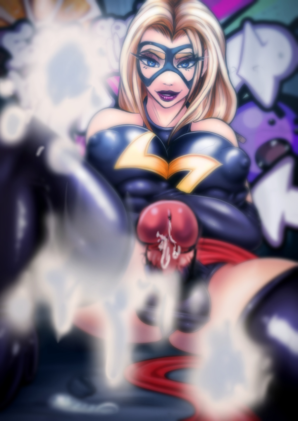 1futa ahe_gao balls balls_under_leotard blonde_hair blue_eyes blush bodysuit breasts bulge carol_danvers cleavage condom cum cum_on_viewer cumshot ejaculation elbow_gloves futa_only futanari gloves high_heels holding_breasts huge_breasts intersex large_breasts large_nipples large_testicles latex leotard long_hair marvel mask ms._marvel ms._marvel_(carol_danvers) nipple_bulge nipples open_mouth parkdale penis sitting skin_tight solo taker_pov thighhighs tight_clothes voluptuous