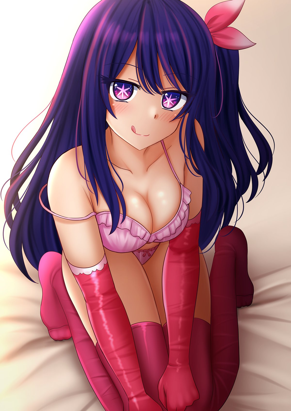 1girls, 2d, 2d (artwork), 2d artwork, anime milf, average breasts, bare chest, bare hips, bare shoulders, bare skin, bare thighs, bra, breasts, busty, busty female, busty milf, calves, cleavage, closed mouth smile, collarbone, curvy milf, digital, digital art, digital drawing, digital drawing (artwork), digital media, digital media (artwork), elbow gloves, exposed chest, exposed hips, exposed shoulders, exposed skin, exposed thighs, eyebrows visible through hair, feet, female, female focus, female only, fingers, frilled bra, frilled underwear, full body, gloves, groin, hair between eyes, hair ribbon, hair tie, head tilt, high resolution, highres, hoshino ai, hot milf, kazenokaze, kneeling, kneeling female, kneeling on bed, knees, lean figure, legs, legs closed, legs together, legwear, licking lips, lips, long gloves, long hair, looking at viewer, medium breasts, milf, mother, multicolored eyes, multicolored hair, narrow waist, on bed, oshi no ko, panties, pink bra, pink eyes, pink hair, pink hair female, pink hair ribbon, pink hair tie, pink panties, pink ribbon, pink underwear, pink-eyed female, purple eyebrows, purple eyes, purple hair, purple-eyed female, purple-haired female, red elbow gloves, red gloves, red legwear, red long gloves, red stockings, red thigh highs, red thighhighs, ribbon, shoulders, simple background, slender body, slender waist, slim waist, smile, smiley face, smiling, smiling at viewer, solo, star eyes, star-shaped pupils, stockings, thick thighs, thigh highs, thighhighs, thighs, thighs together, tilted head, underwear, underwear only, white background