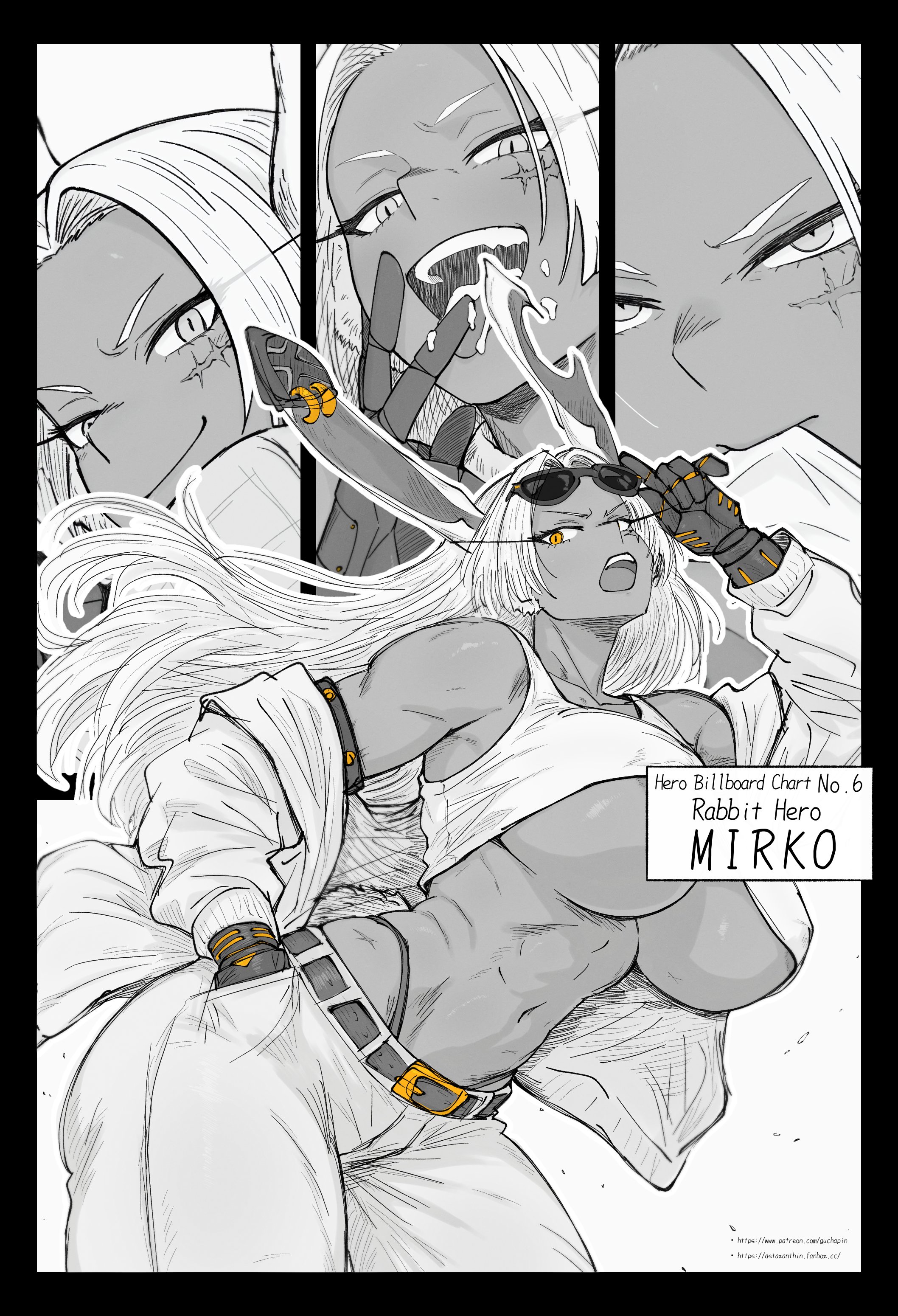 1girls, 2025, ambiguous fluids, animal ears, animal humanoid, areola slip, areolae, artist name, belly button, big breasts, black and white, breasts, busty, character name, cleavage, clothed, clothed female, clothing, curvaceous, curvy, dark skin, dark-skinned female, facial scar, female, front view, fully clothed, greyscale, guchapin, hair, hand in pocket, hi res, huge breasts, humanoid, jacket, kemonomimi, lagomorph, lagomorph humanoid, large breasts, leaning forward, licking, licking fingers, long hair, looking at viewer, mammal, mammal humanoid, miruko, monochrome, my hero academia, navel, open clothes, open jacket, open mouth, panties, panty straps, parted bangs, prosthetic, prosthetic arm, rabbit, rabbit ears, rabbit girl, rabbit humanoid, rumi usagiyama, scar, simple background, smile, smiling, smiling at viewer, solo, spot color, standing, stomach, sunglasses, sunglasses on head, tank top, teeth, thick thighs, thighs, tongue, tongue out, voluptuous, white background, wide hips