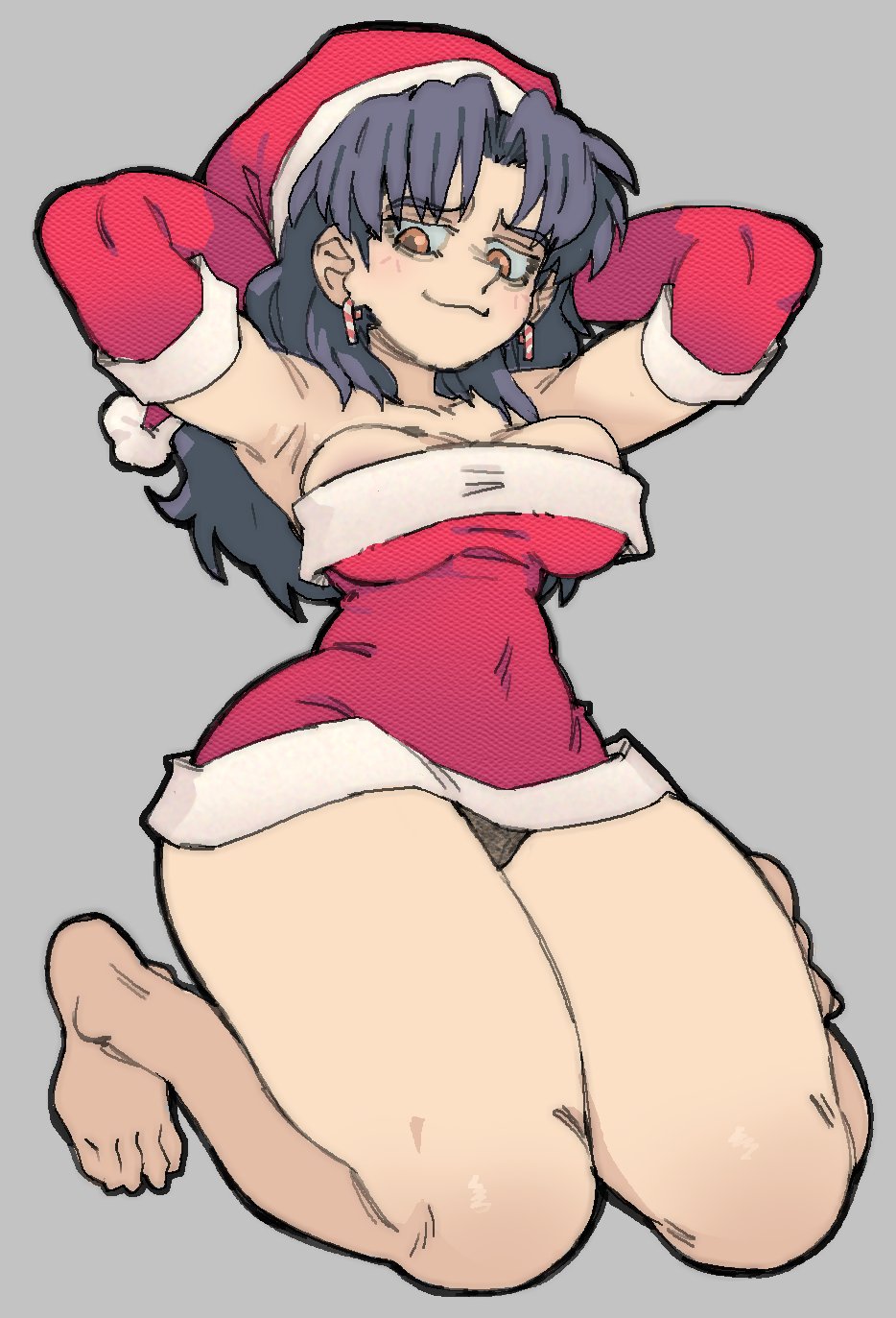 :3, 1girls, 2025, amlogamer, armpits, arms up, armwear, ass, barefoot, big ass, black panties, blush, breasts, candy cane, candy cane earrings, christmas, clothed, clothed female, clothing, curvaceous, curvy, dress, ear piercing, earrings, elbow gloves, feet, female, front view, fully clothed, gloves, hair, hands behind head, handwear, hat, headwear, holidays, human, kneeling, large ass, legs together, light skin, light-skinned female, lingerie, long hair, looking away, medium breasts, misato katsuragi, neon genesis evangelion, orange eyes, panties, pantsu ripper, pantyshot, parted bangs, piercing, purple hair, red clothing, red dress, santa hat, simple background, smile, smiling, solo, thick thighs, thighs, toes, wide hips