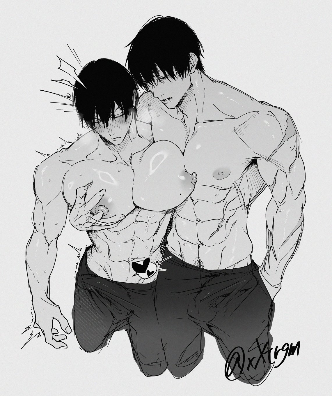 2boys, bara, bara tiddies, bara tits, big pecs, busty, erect, erect penis, erection, gay, height difference, male, male only, male/male, nipple play, pecs, xxtrgm