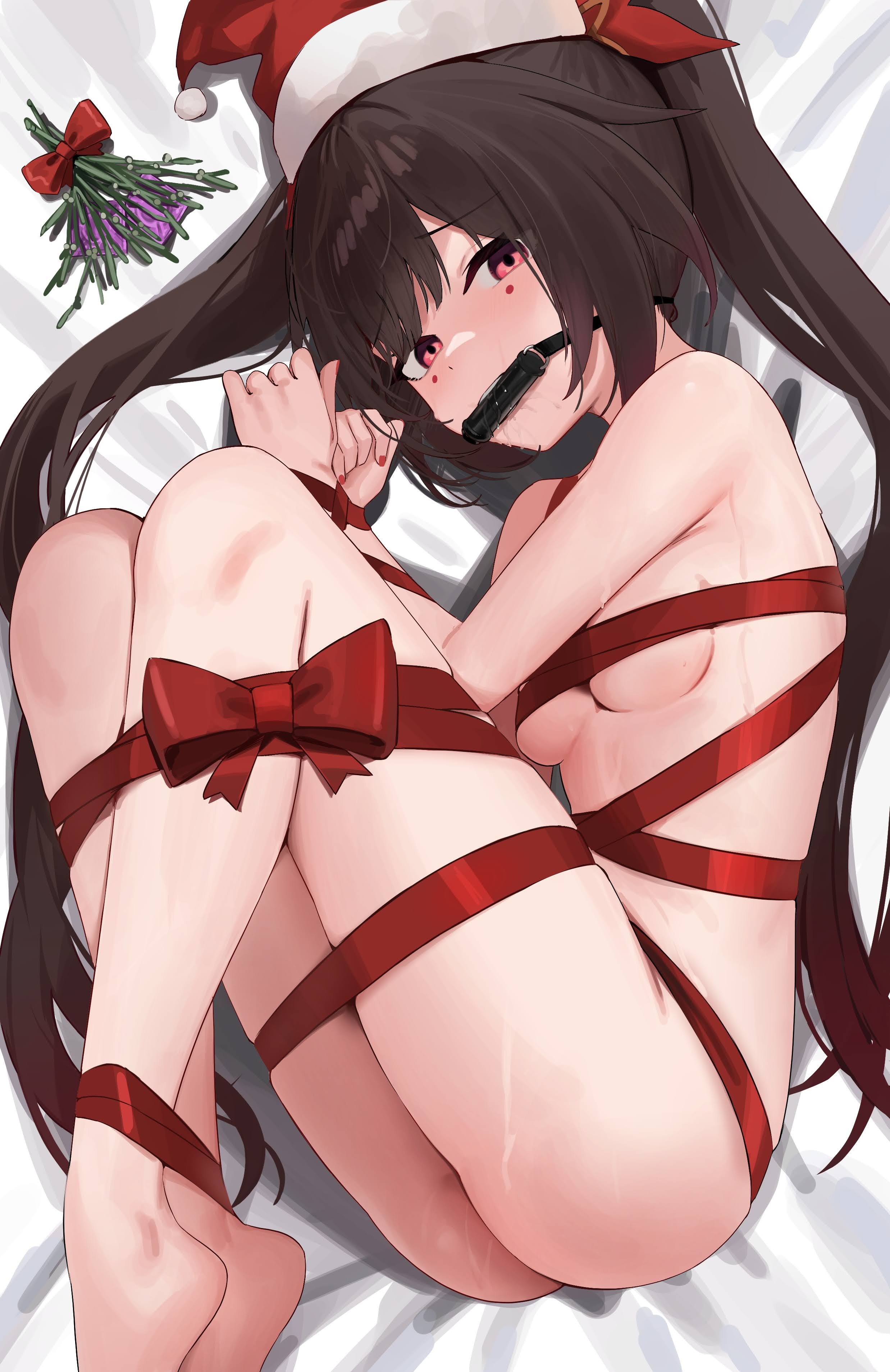 1girls, absurd res, absurd resolution, absurdres, ass, bed, bed sheet, bedding, bit gag, black hair, bondage, breasts, brown hair, christmas, condom, condom wrapper, female, fetal position, gag, gagged, gagged female, hair, hat, hi res, high resolution, highres, honkai (series), honkai: star rail, hoyoverse, looking at viewer, lying, lying down, lying on back, lying on bed, naked ribbon, on bed, on side, red eyes, red hair, restrained, ribbon, santa hat, skai kun, small breasts, solo, solo female, sparkle (honkai: star rail), sweat, sweatdrop, sweating, sweaty, twintails