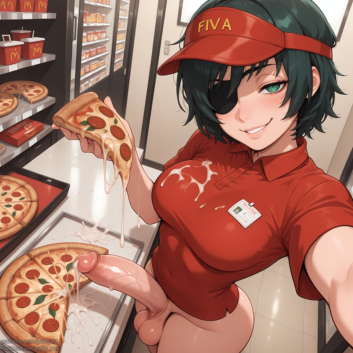 1futa, abs, ai generated, big balls, big penis, chainsaw man, covered abs, cum on food, cum on pizza, dickgirl, ejaculation, eyepatch, food, futa only, futanari, himeno (chainsaw man), pizza, pizza slice, puffyart, selfie, veiny penis