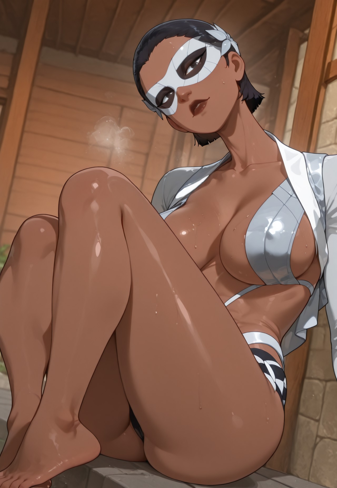 1girls, 2d, 2d (artwork), ai generated, ass, bikini, breasts, coupe, curvy, curvy body, curvy female, curvy figure, dark skin, dark-skinned female, dispatch (game), female, female focus, female only, fit, fit female, heroine, hypet, outdoors, short hair, strong female, sweaty, sweaty ass, sweaty body, sweaty breasts