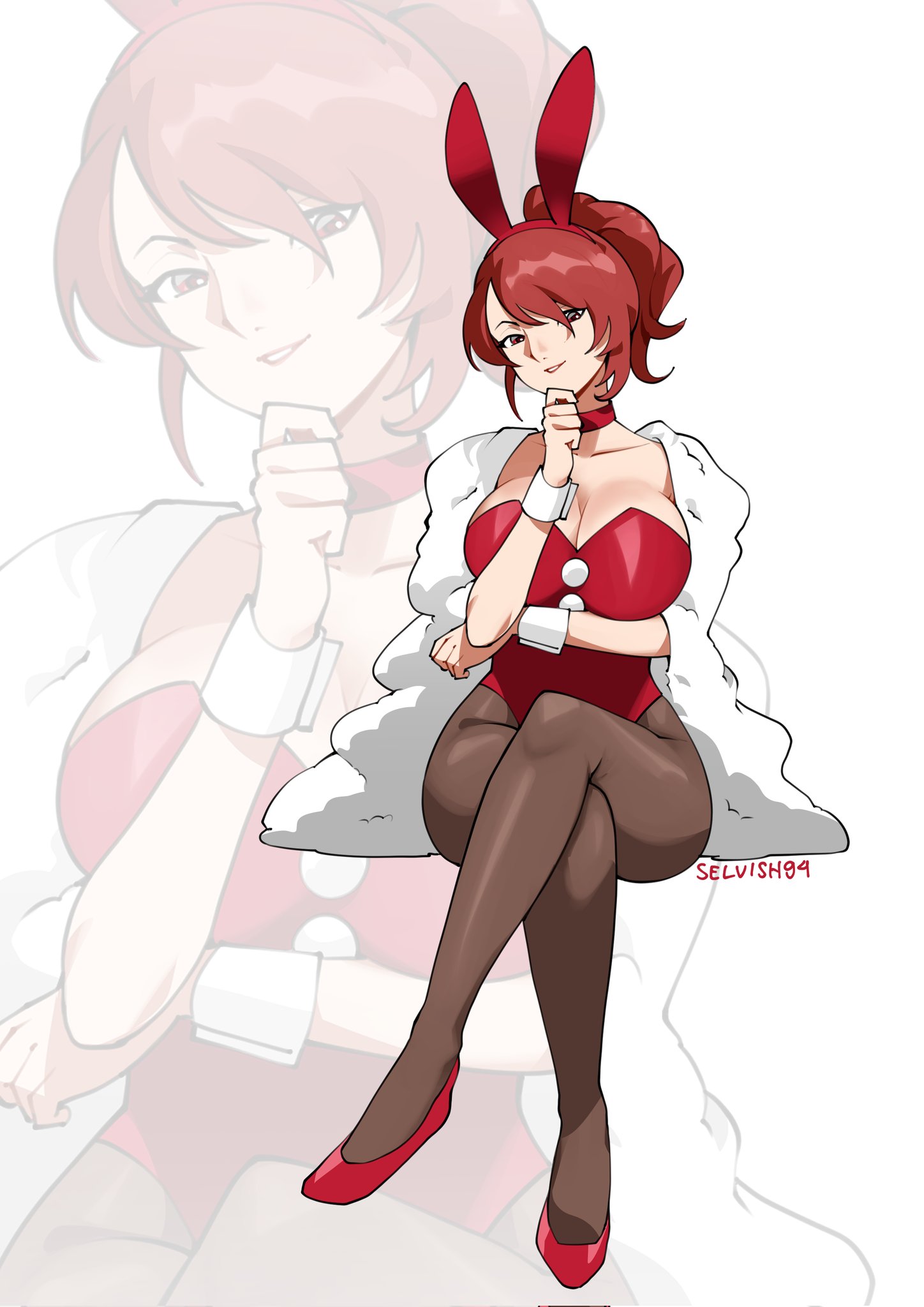 1girls, alternate hairstyle, artist name, breasts, bunny ears, bunnysuit, choker, cleavage, female, hair up, heels, large breasts, legs crossed, looking at viewer, mitsuru kirijo, persona, persona 3, persona 3 reload, playboy bunny, ponytail, red bunnysuit, red choker, red footwear, red hair, red heels, selvish94, sitting, solo, solo female, solo focus