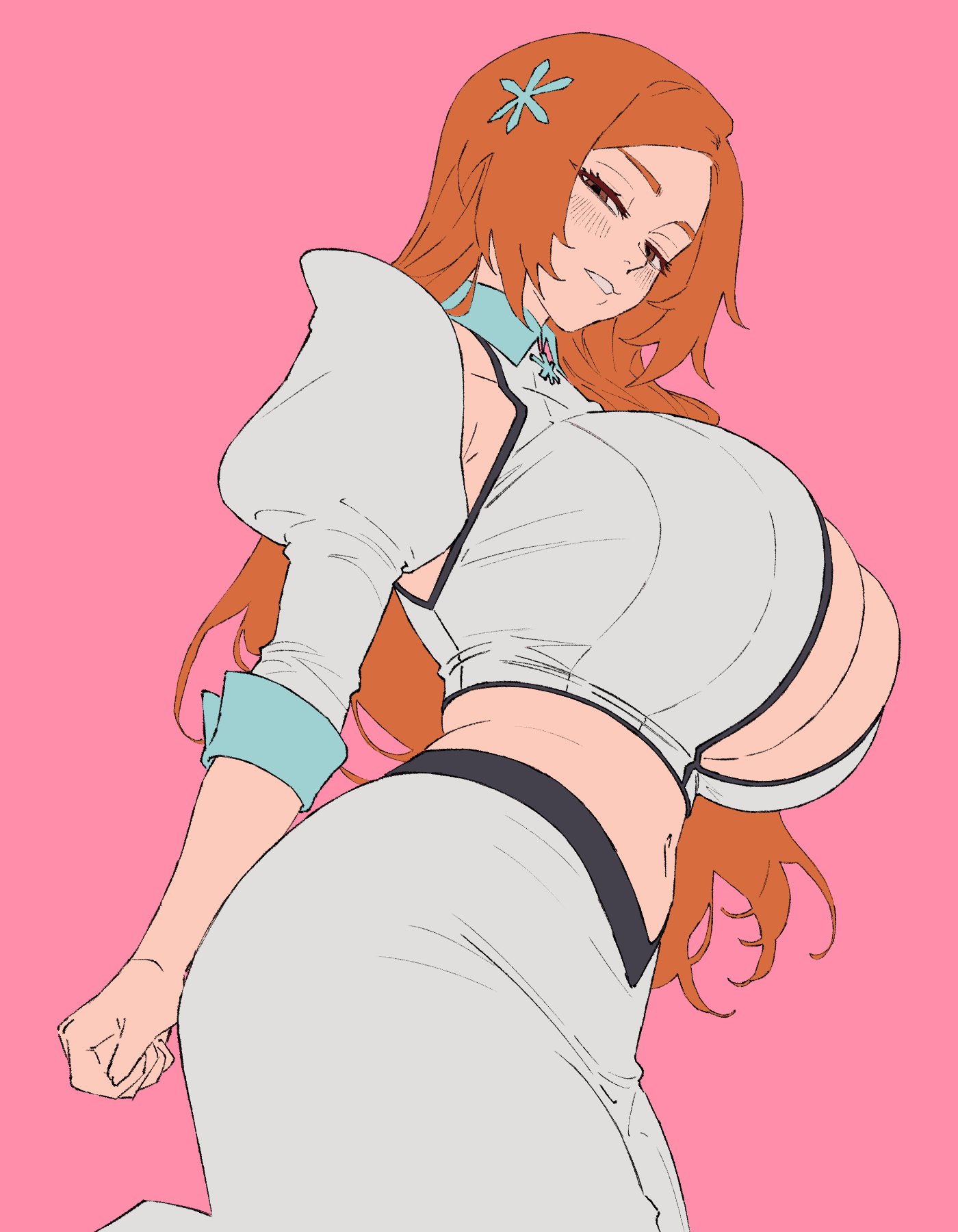 1girls, about to burst, bare midriff, barely contained, barely contained breasts, barely fits, big breasts, bleach, bleach: the thousand-year blood war, breasts, breasts bursting out, breasts too big, brown eyes, bursting breasts, cleavage, cleavage cutout, curvy, detached sleeves, female, female only, gkay06 , hair ornament, hairclip, huge breasts, imminent wardrobe malfunction, inoue orihime, large breasts, long hair, looking at viewer, navel, orange hair, pink background, revealing clothes, simple background, solo, straining clothing, tight clothes, tight clothing, tight fit, too tight, undersized clothes, undersized clothing