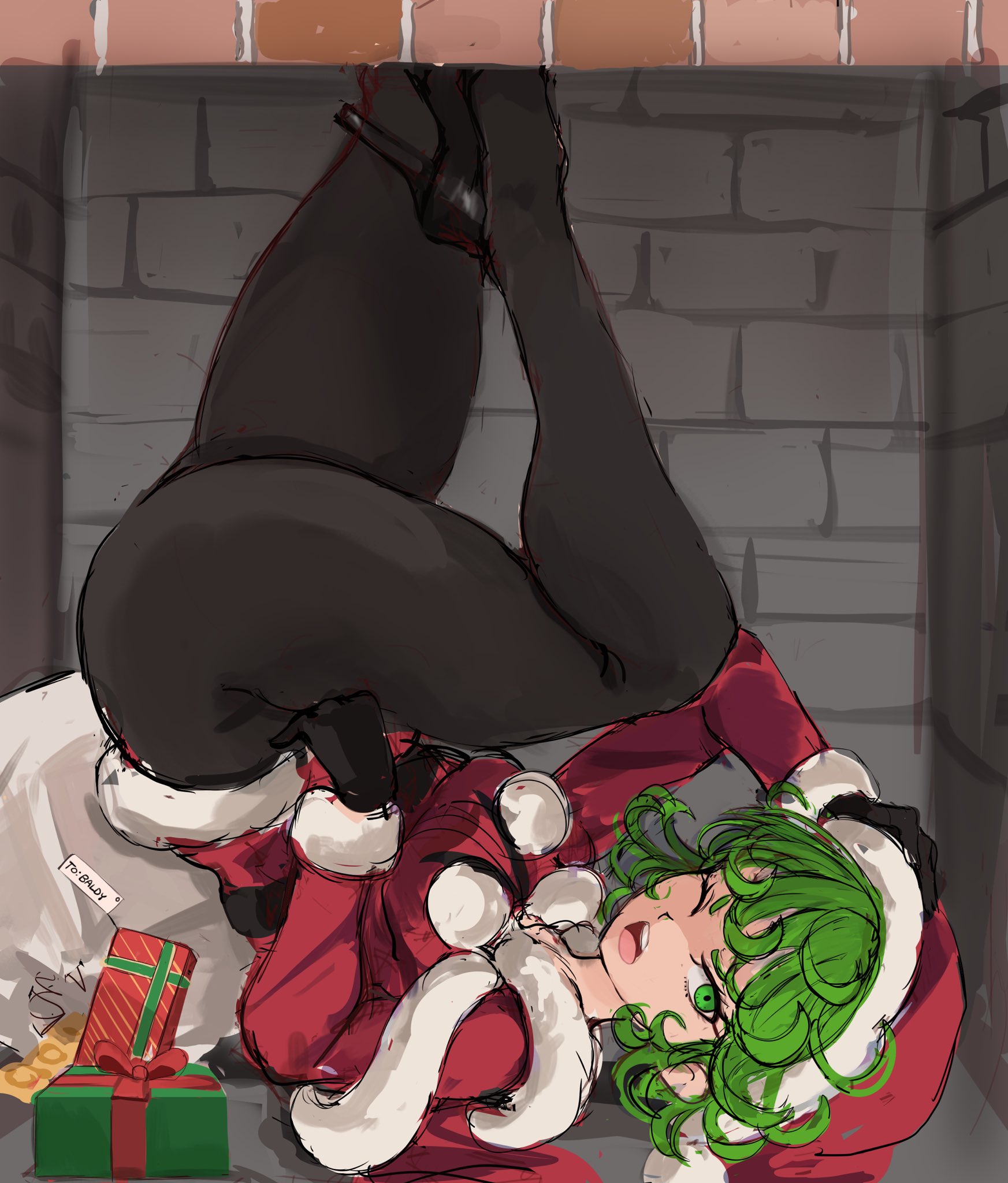 1girls, alternate costume, black gloves, black shoes, box, chimney, christmas, commentary, female, female only, gift, gift box, gloves, green eyes, green hair, hat, highres, long sleeves, looking at viewer, one eye closed, one-punch man, open mouth, rakeemspoon, red hat, santa costume, santa hat, shoes, tatsumaki