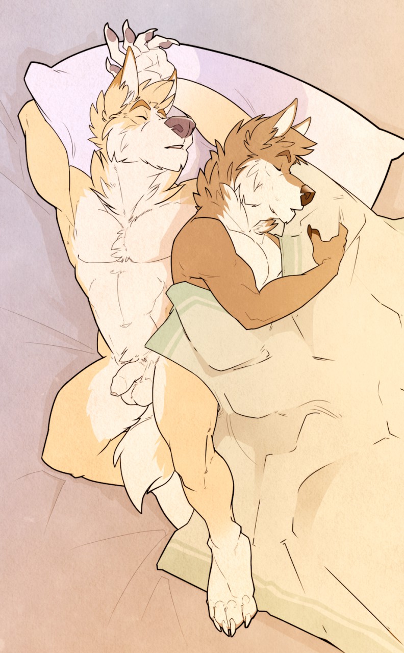 2boys armpits balls bed bed_sheet bedding bryce_(lonewolfhowling) canine dingo duo flaccid gay humanoid_penis inside male male_only mammal no_swift nude penis sleeping spencer_(lonewolfhowling) uncut yaoi