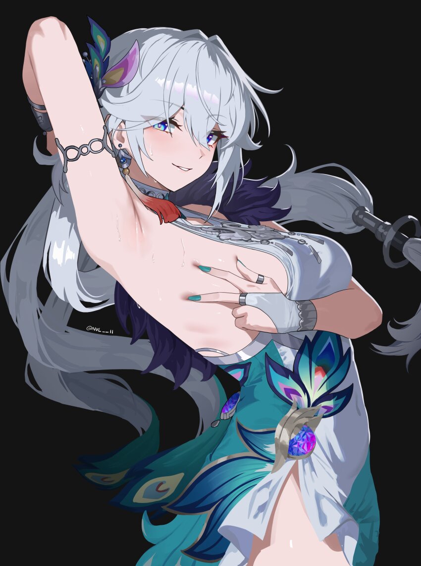1girls, absurdres, aqua nails, armpits, arms up, asian female, bare shoulders, big breasts, blue dress, blue eyes, breasts, bridal gauntlets, china dress, chinese clothes, covered navel, cowboy shot, dress, earrings, feather hair, female, female only, gloves, hair ornament, highres, honkai (series), honkai: star rail, huge breasts, jewelry, long hair, long nails, looking at viewer, multicolored dress, nvl, parted lips, presenting armpit, side view, sideboob, smile, solo, sweat, teasing, white dress, white hair, yao guang (honkai: star rail)
