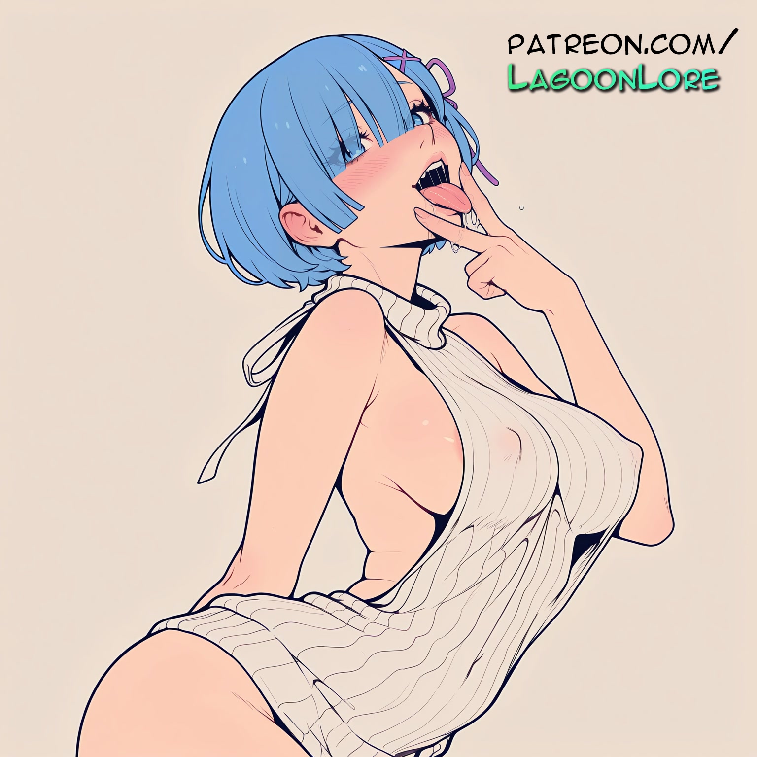 ai generated, artist name, bare shoulders, blue eyes, blue hair, breasts, bust, chest, covered nipples, dress, female, hi res, highres, lagoonlore, meme attire, naked sweater, patreon, patreon username, re:zero kara hajimeru isekai seikatsu, rem (re:zero), ribbed sweater, short hair, solo, sweater, tongue, tongue out, turtleneck, virgin killer sweater, watermark
