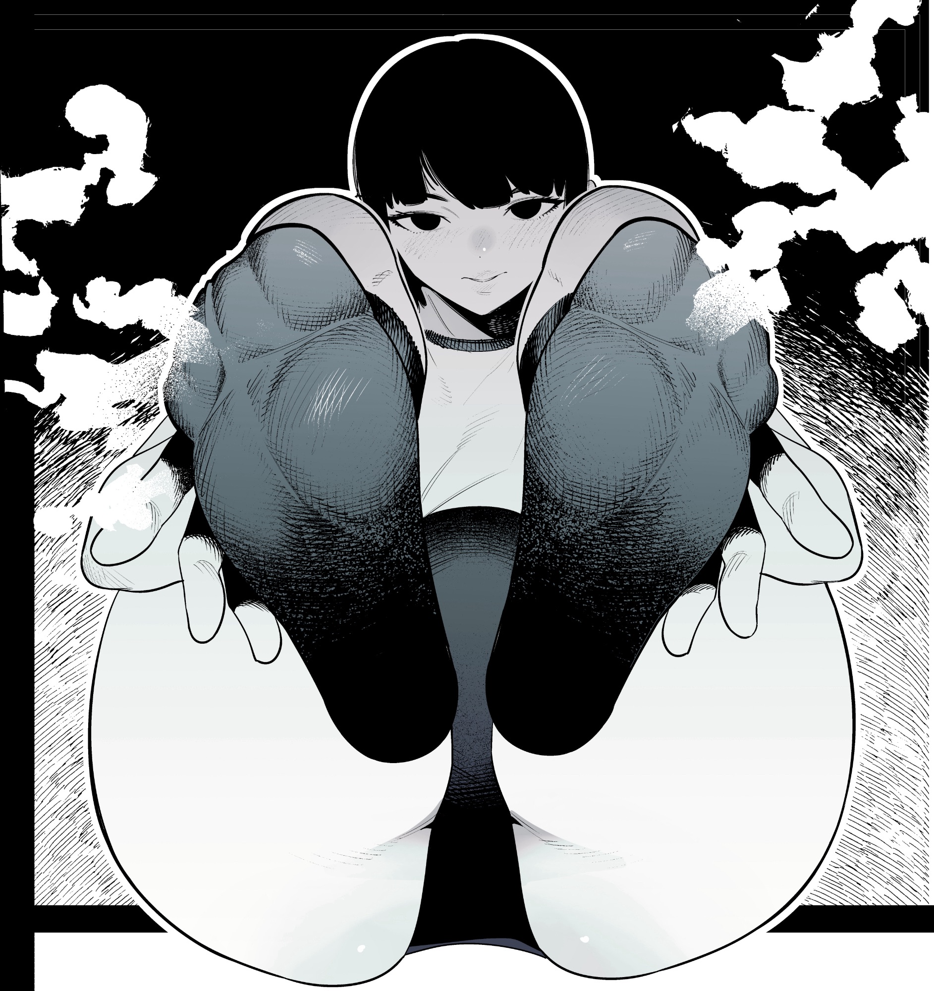blush, buruma, closed mouth, eyebrows hidden by hair, feet, female, flat chest, foot focus, gym uniform, highres, light smile, looking at viewer, original, presenting foot, short hair, sitting, smell, soles, solid circle eyes, solo, sugimoto takeshi