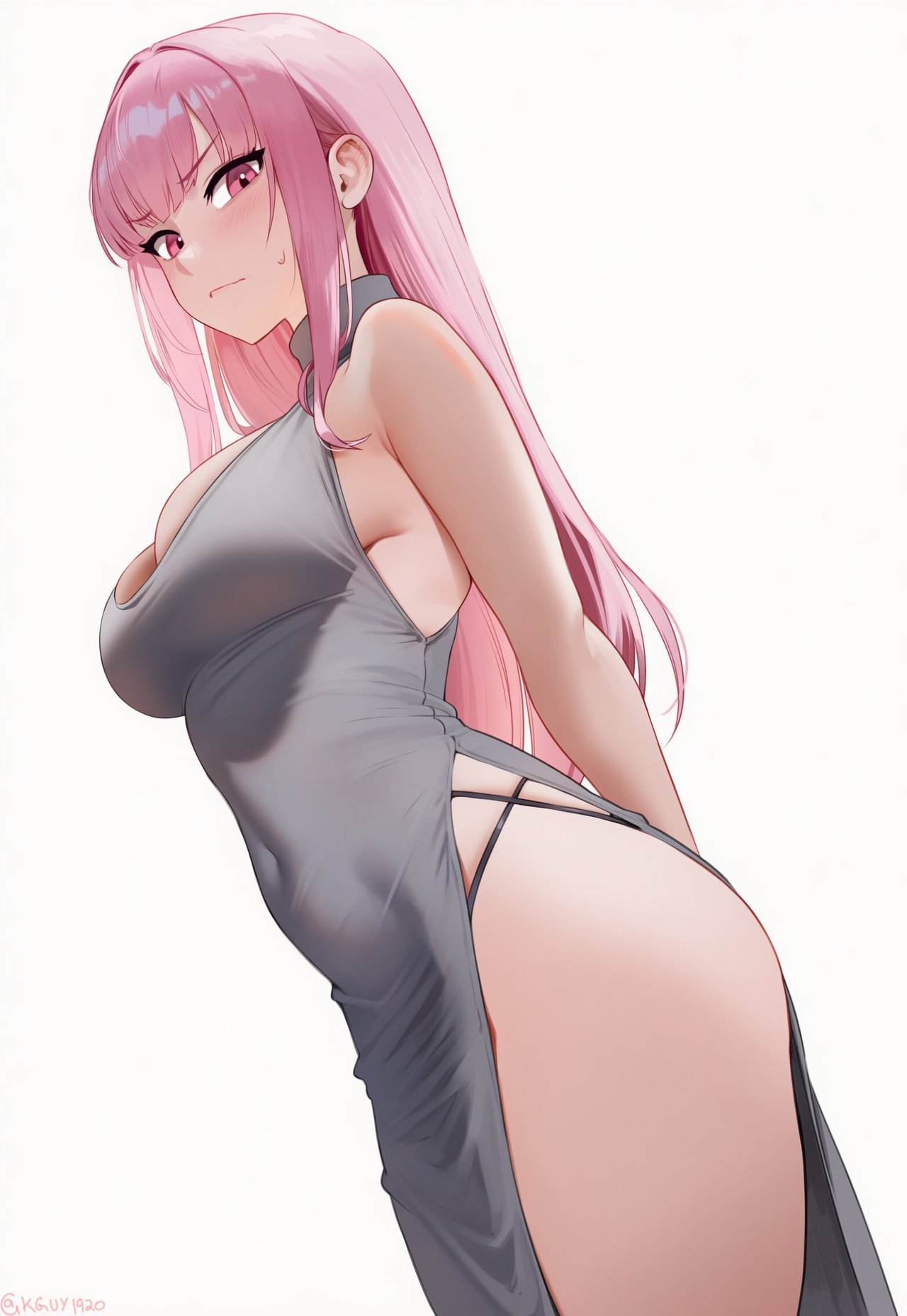 arms behind back, blush, commentary, dress, female, grey dress, halter dress, halterneck, highres, hololive, hololive english, kguy1920, long hair, mori calliope, nervous, nervous sweating, pink eyes, pink hair, side slit, slit dress, solo, sweat, virtual youtuber, white background